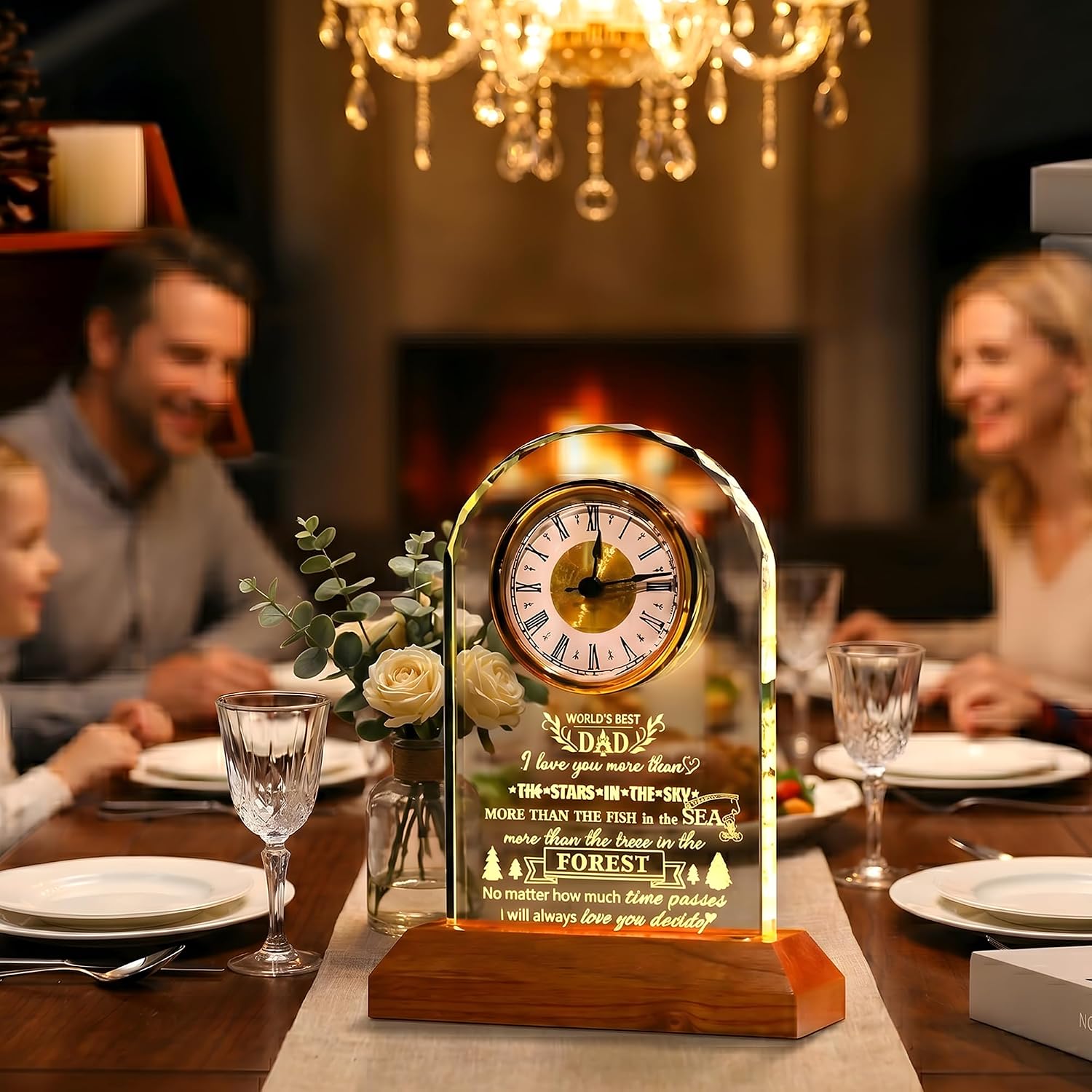 Ornalrist Glass Clock Dad Gifts, Father's Day, Birthday Gift from Kids, Son, Daughter Meaningful Present for Father with Wooden Warm Light Base
