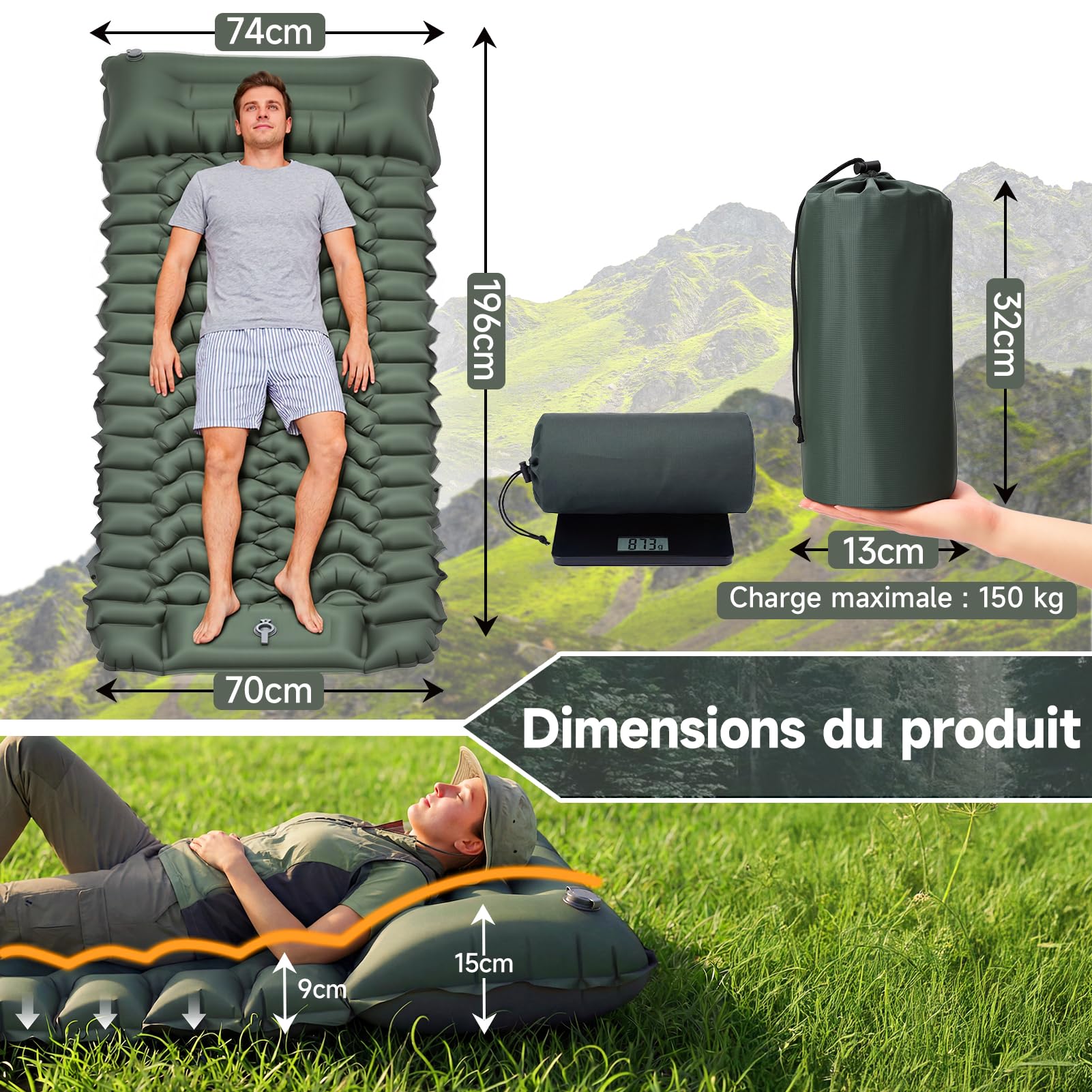 Colchoneta Hinchable de Camping Ultraligera y Extraancha (Tamaño XL), Colchoneta Aislante con Cojín Integrado y Bomba de Pie, 196x74x9 cm, TPU 40D, Portátil para Exteriores y Viajes (Verde Militar)
