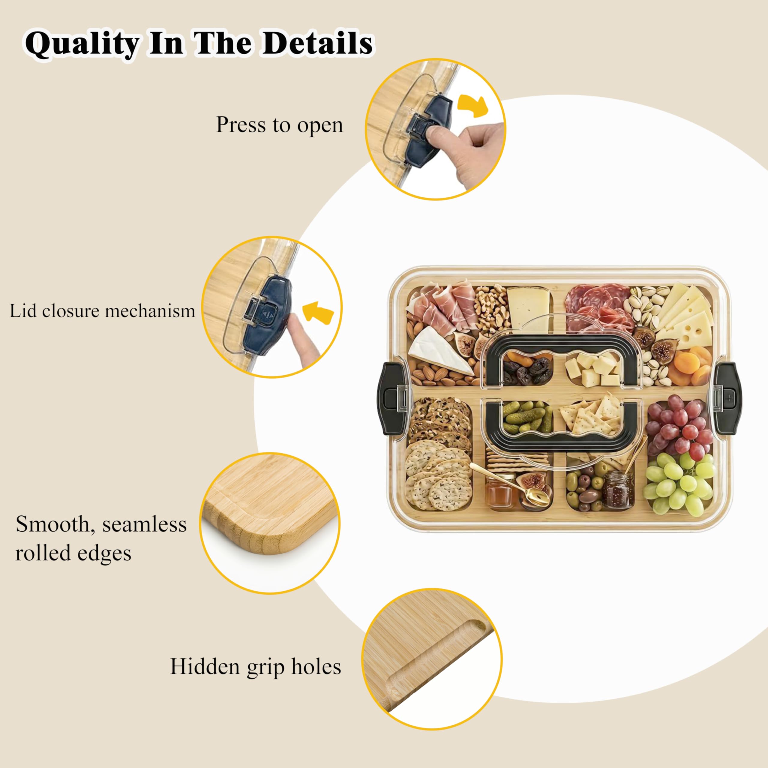 Servierplatte mit Deckel aus Bambus | Charcuterie Board – Käseplatte mit 6 Fächern & Tragegriff, Holzbrett für die Küche, tragbare Snackplatte als Einweihungsgeschenk für Frauen und neues Zuhause