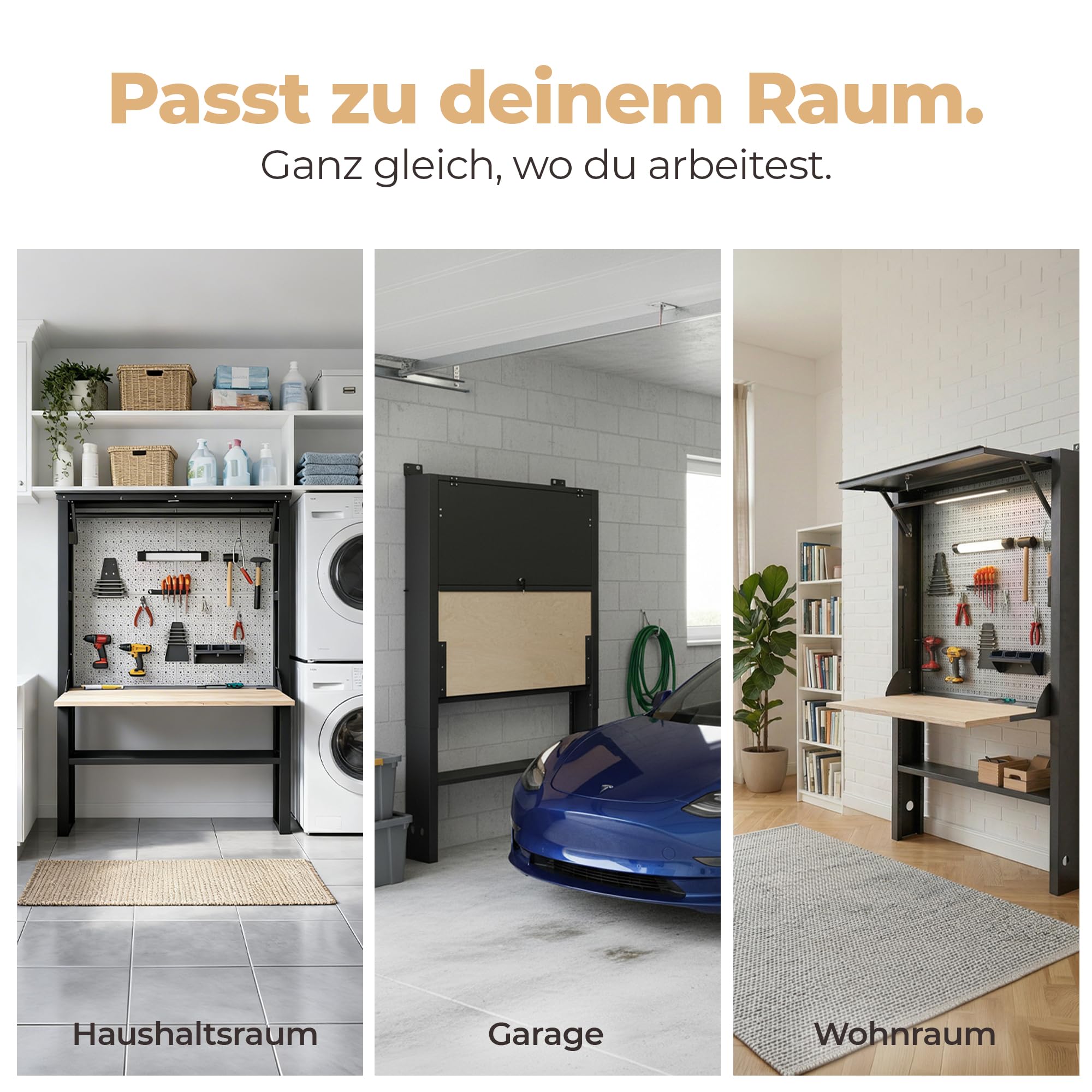 Werkbank für Werkstatt [abschließbar] 75kg Tragkraft, kompakter Arbeitstisch klappbar & höhenverstellbar, LED-Licht & Steckdosenleiste | Stahl-Werkzeugbank für smarte Werkstatteinrichtung