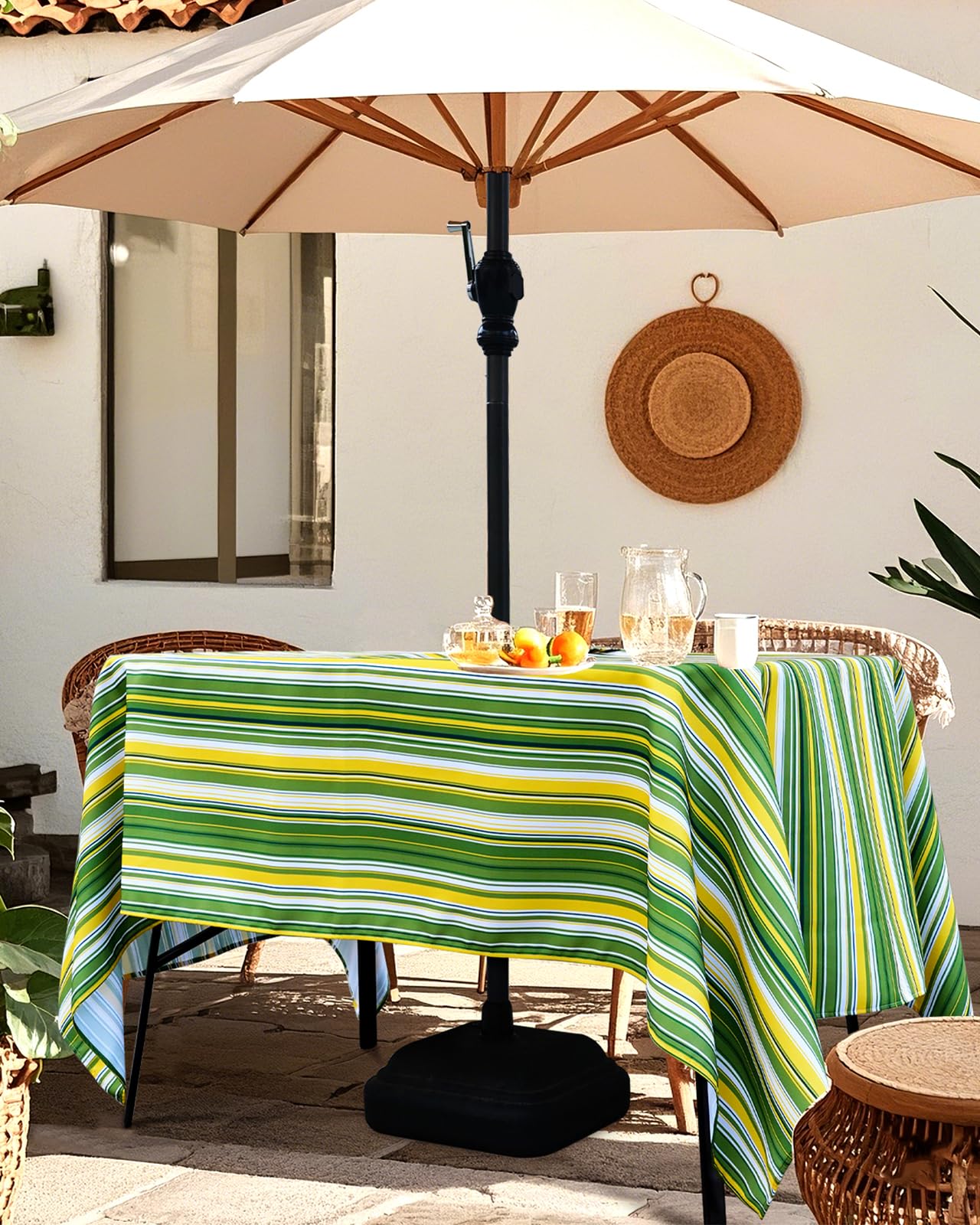 Eternal Beauty 60''X104” Rectangle Tablecloth Waterproof Outdoor Tablecloth with Umbrella Hole Zipper for Patio Spring Summer Picnic Tables, Green Stripe