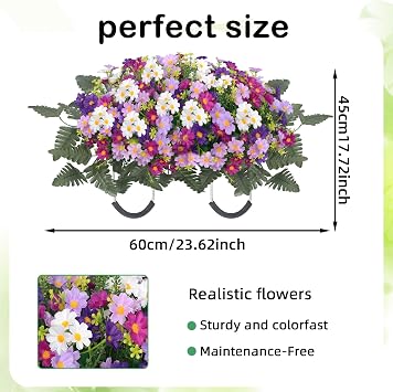Lodou Headstone Flower Saddle, Artificial Cemetery Flowers for Grave - Artificial Wildflowers for Outdoors Tombstone Gravestone Decor (Purple)