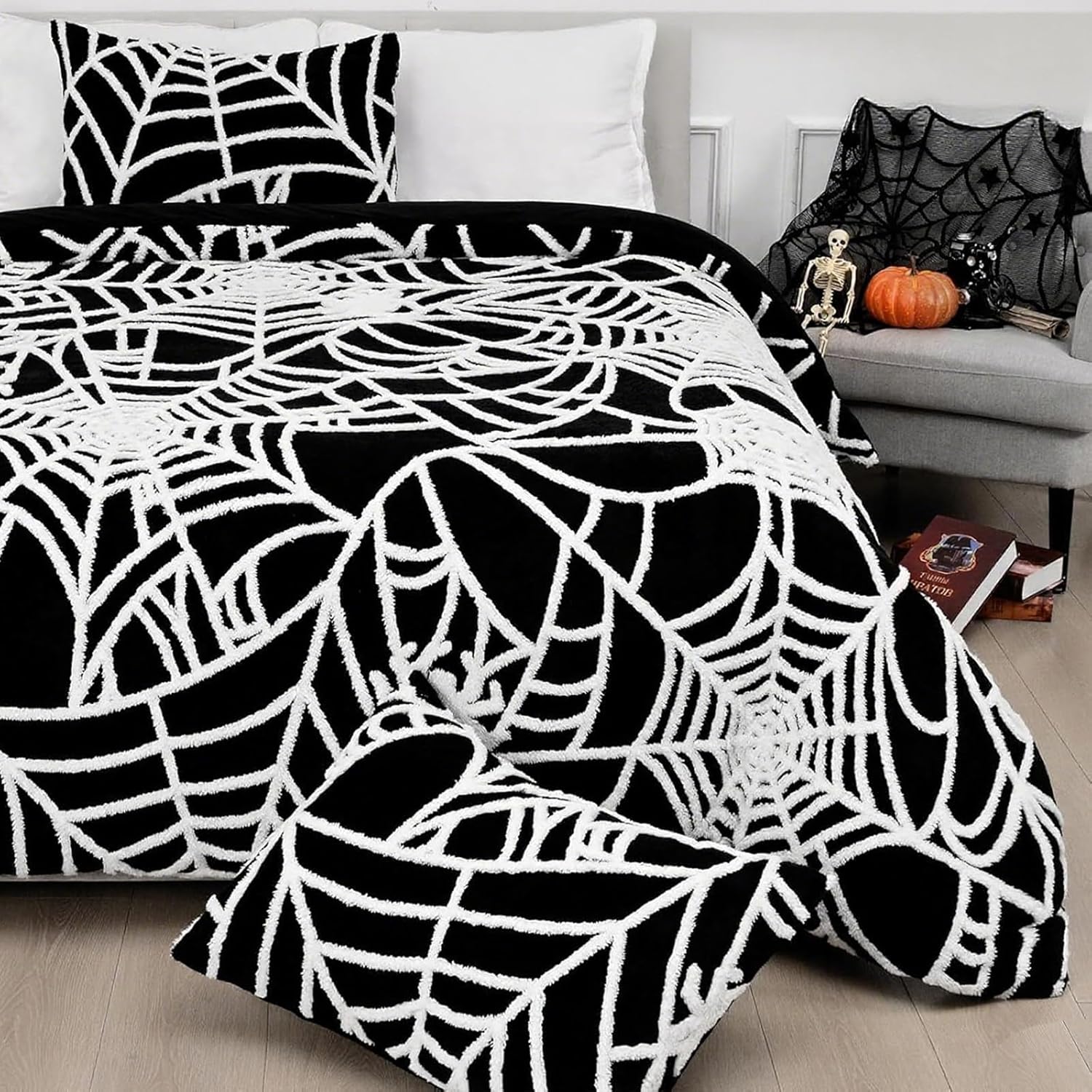 Yinhua 3 Pcs Halloween Duvet Cover Queen Size Spider Web Queen Duvet Cover Sets with 1 Comforter Cover 90 x 90 inches & 2 Pillow Shams Halloween Jacquard Black Bedding Sets with Zipper Closure