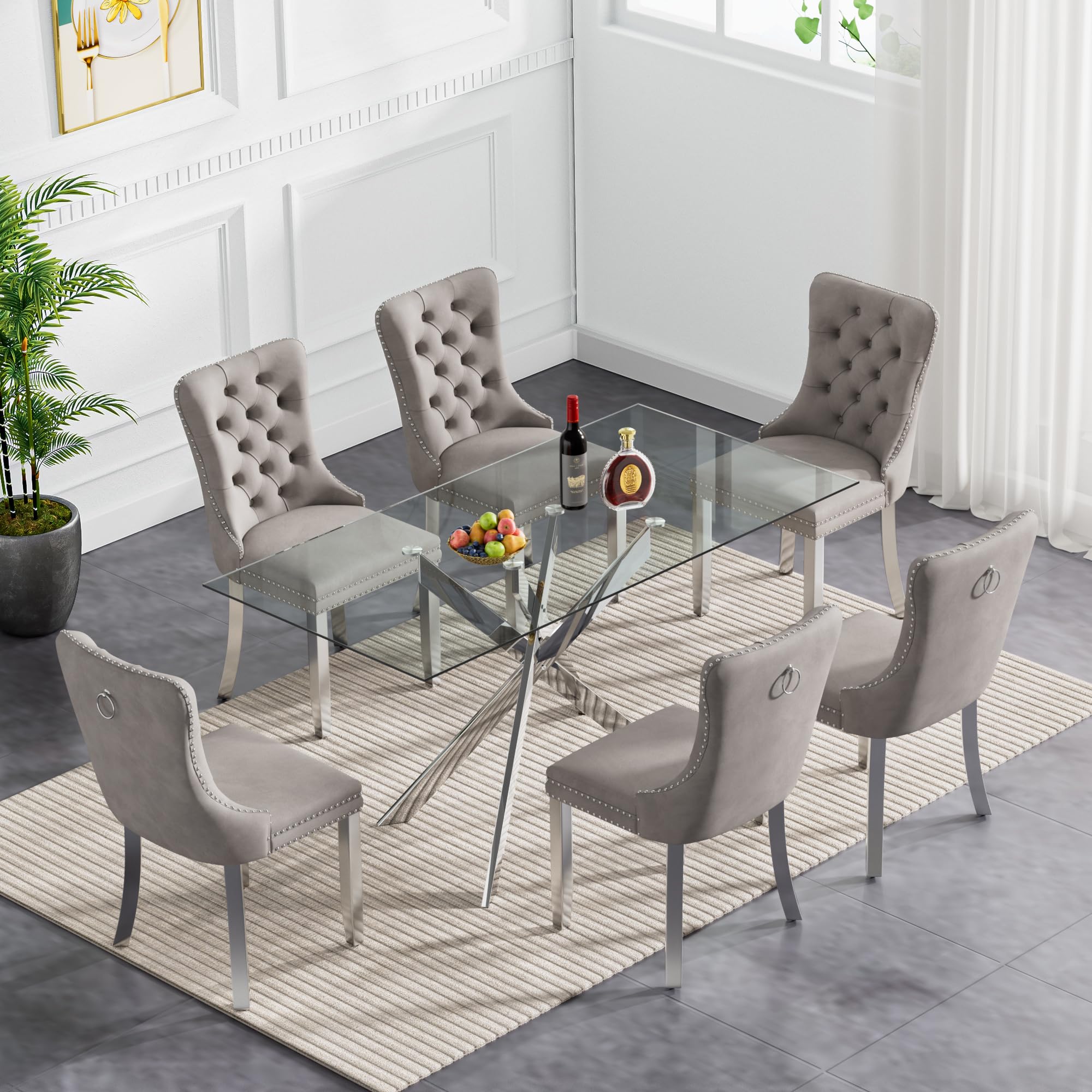 KUVADAZ 51" Modern Silver Glass Dining Room Table Set for 6, 7-Piece Rectangle Kitchen Dining Table Set with Cross Chrome Metal Legs & 6 Grey Velvet