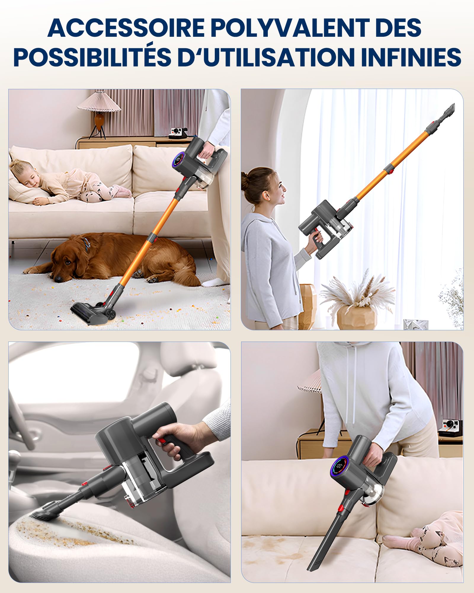 DP2 Aspirateur Balai Sans Fil À Double Batterie, 45KPa/60Min/500W, Affichage LED, Tube Télescopique, Autoportant, Lumière Greeneye, pour Nettoyage Maison, Poils D'animaux, Moquettes et Sols Durs