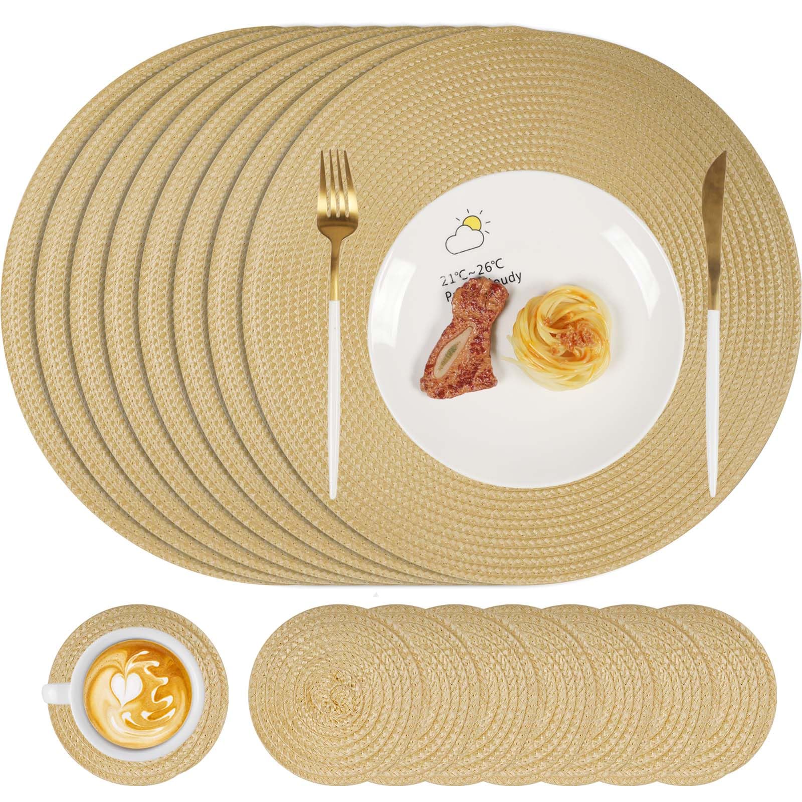 Famibay Placemats and Coasters Set of 8 Round Woven Place Mats Washable Heat Resistant Place Mats Beige Yellow Table Mats and Coasters for Kitchen Dining Table