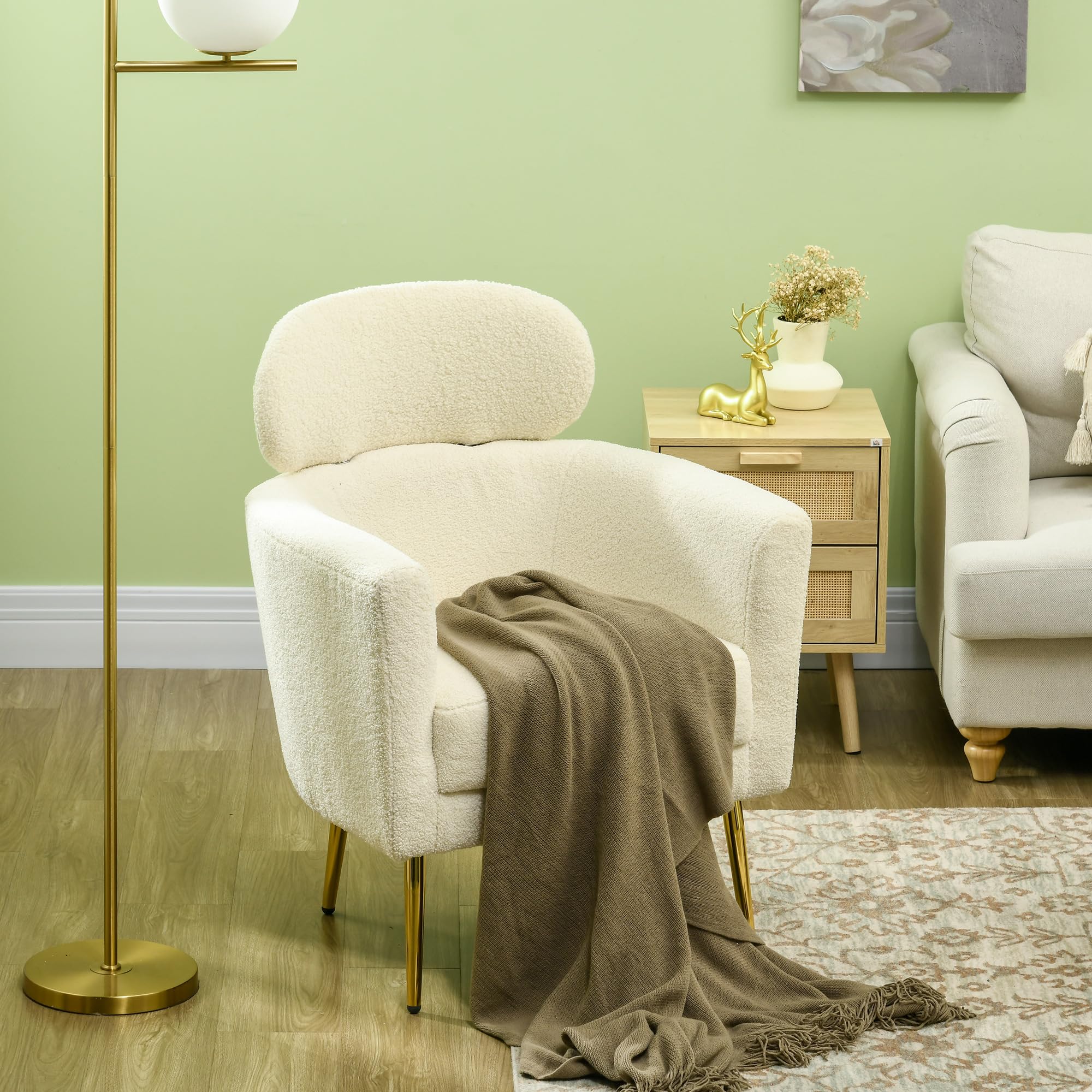 HOMCOM Butaca de Salón Sillón Individual Silla de Ocio Tapizado en Vellón con Reposacabezas y Patas de Metal para Dormitorio Oficina Habitación Carga 125 kg Crema