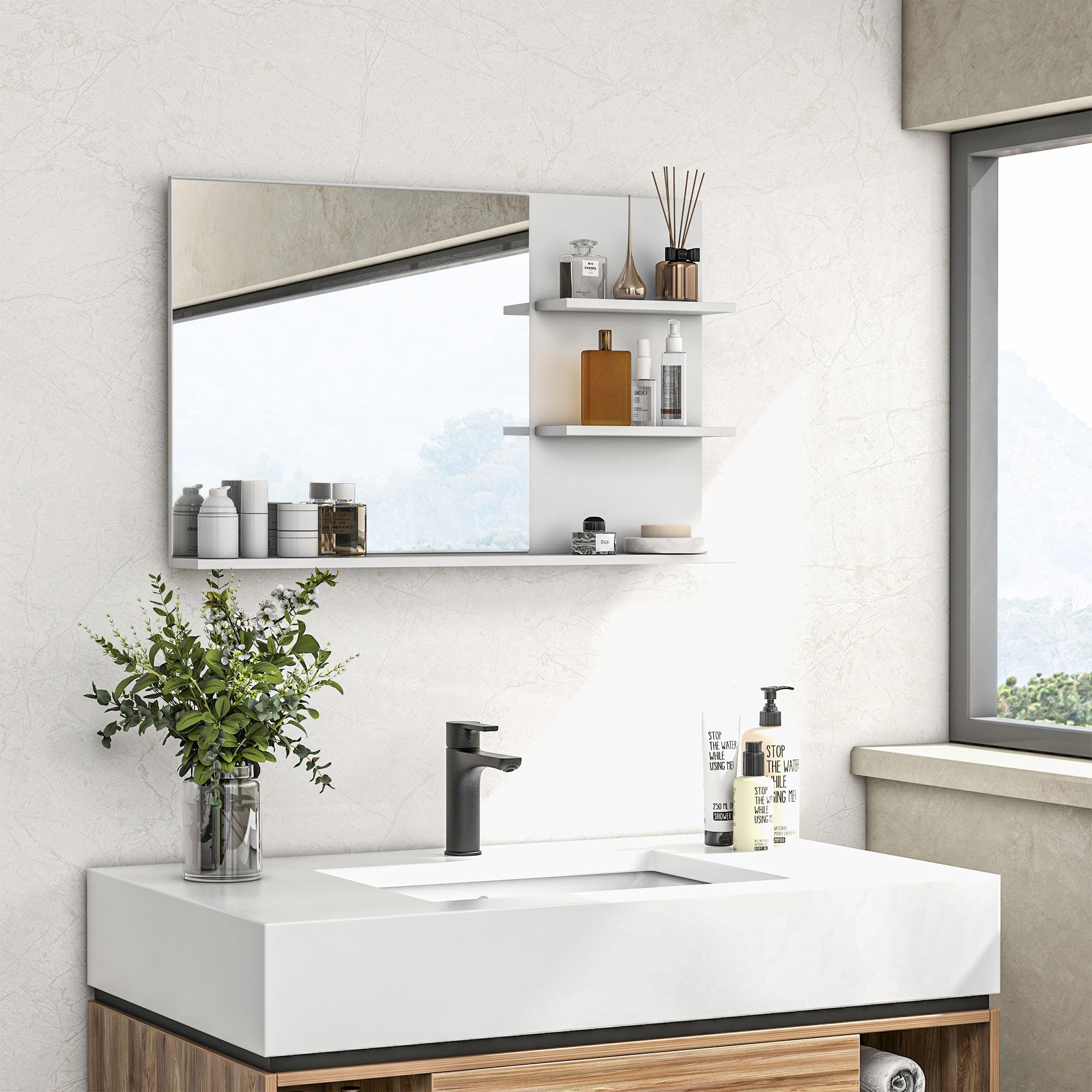 kleankin Specchio Bagno Moderno con 2 Ripiani Laterali e Ripiano Inferiore, Specchio da Parete in MDF e Vetro, 75x10x48 cm, Bianco