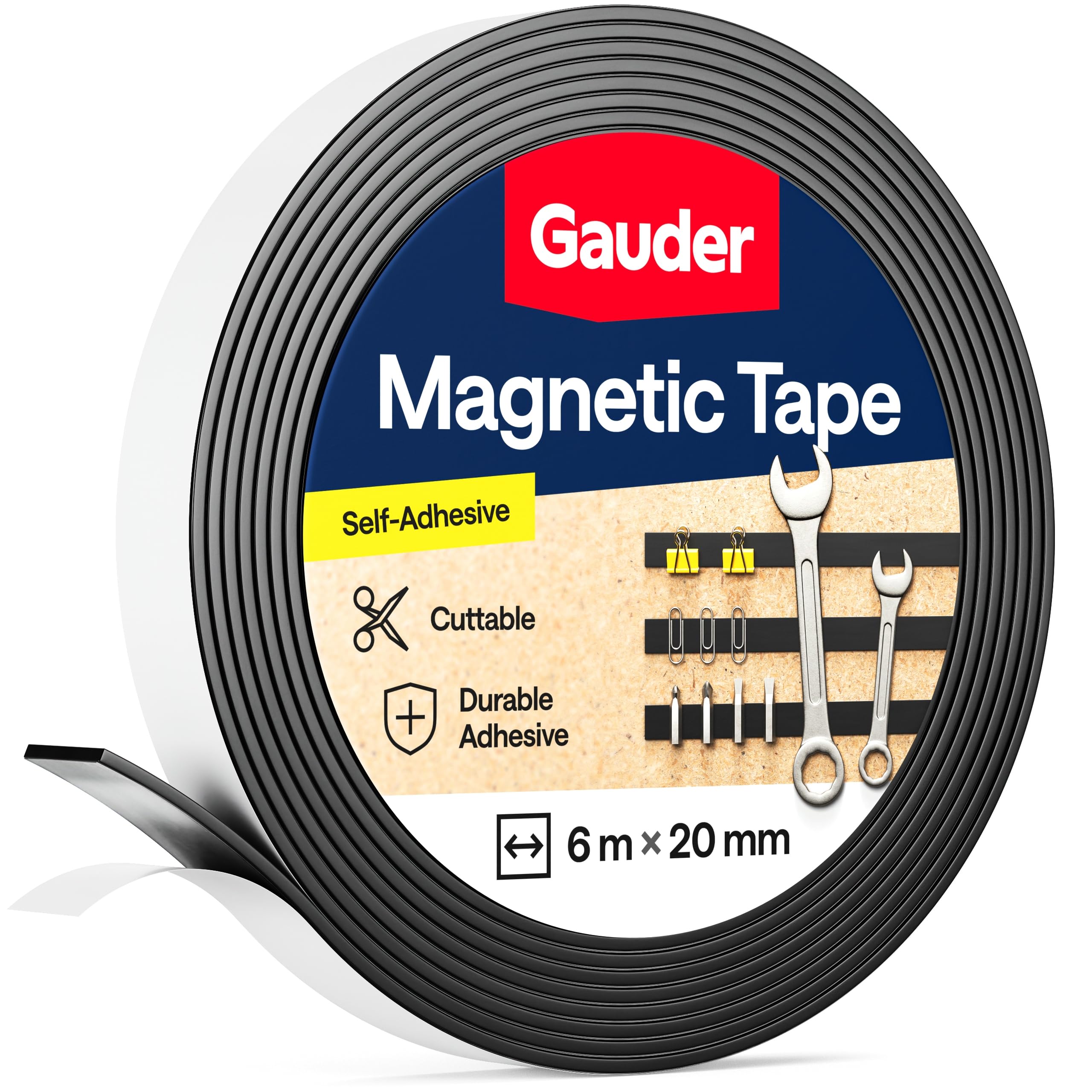 GAUDER Magnetic Tape with 3M Adhesive - Strong Self-Adhesive Magnet Strip - Cuttable Magnetic Tape Roll with Reliable Attraction & 3M Backing (6 m x 20 mm)