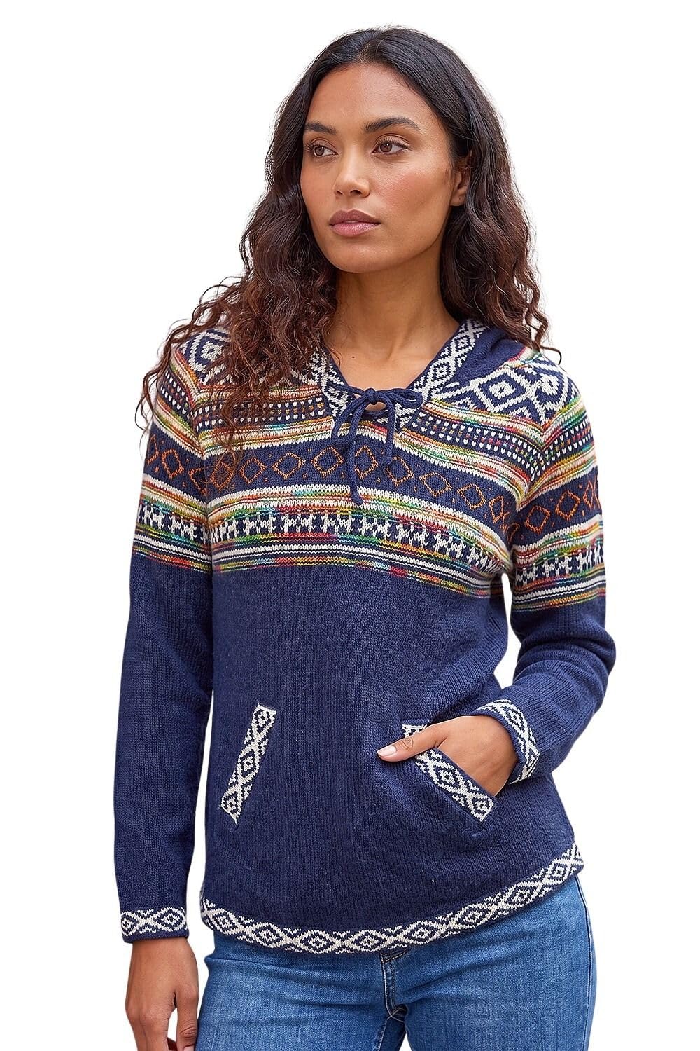 Roman Women Jumper with Hood Ladies Winter Knitted Hoodie with Pockets Fairisle Nordic Aztec Print Hooded Sweater Knit Knitwear Autumn Flattering Casual Smart - Midnight Blue - Size 14
