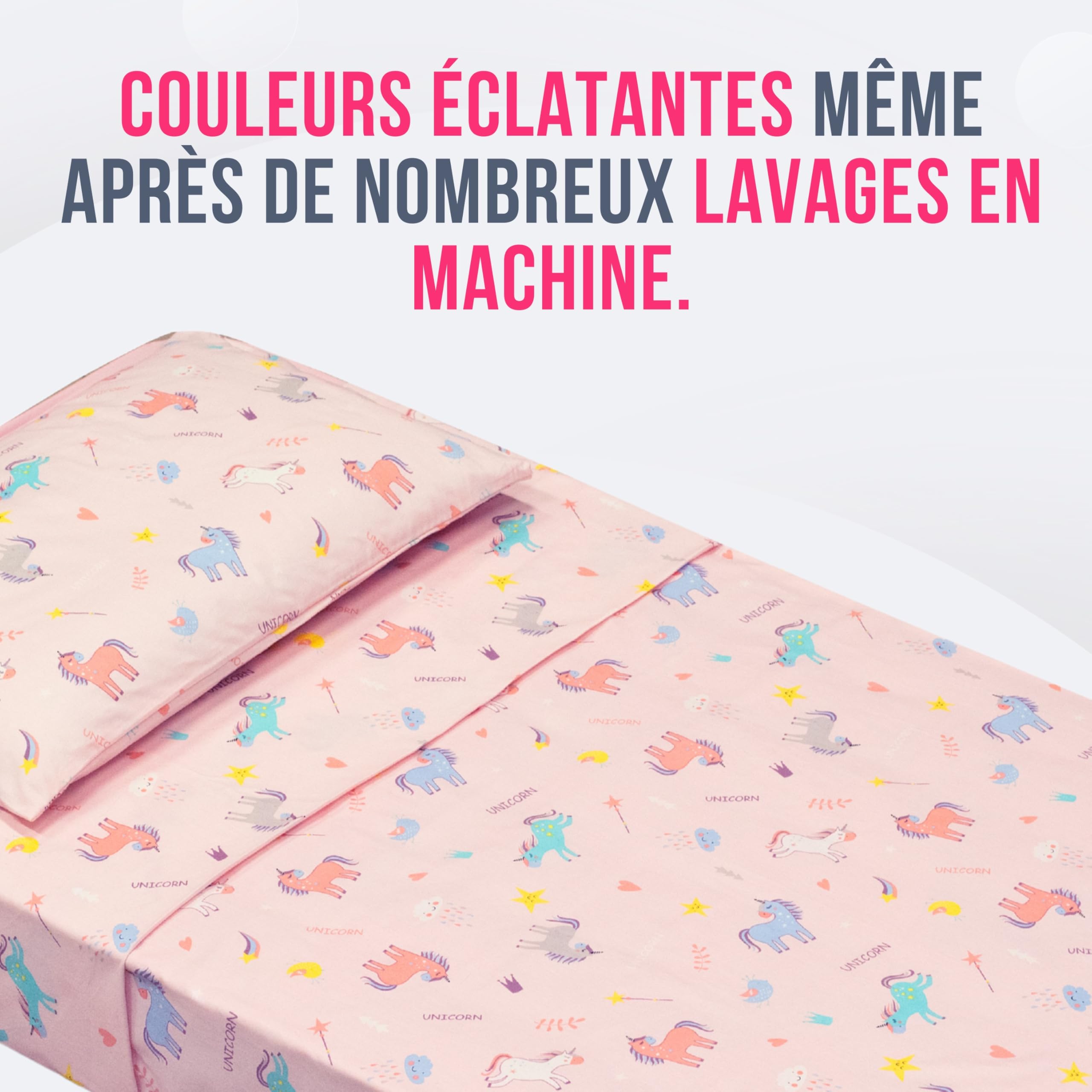 GOYSILA Parure de Lit Montessori 70x140 cm 3 Pièces 100% Coton Oeko-TEX Motif Licorne | Drap Housse Drap de Dessus Taie d'oreiller | Linge de Lit Bébé Fille Respirant Douceur Chambre Enfant Rose