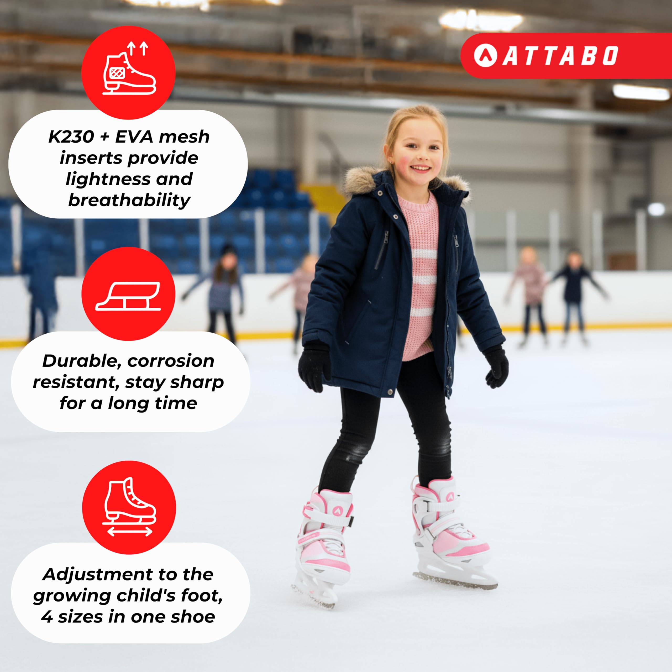 ATTABO Kinder Eiskunstlauf Schlittschuhe mit 5-stufiger Größenverstellung | Warm gefüttert, stabil und bequem | Edelstahl-Kunstlaufkufe für einfaches Fahren Lernen