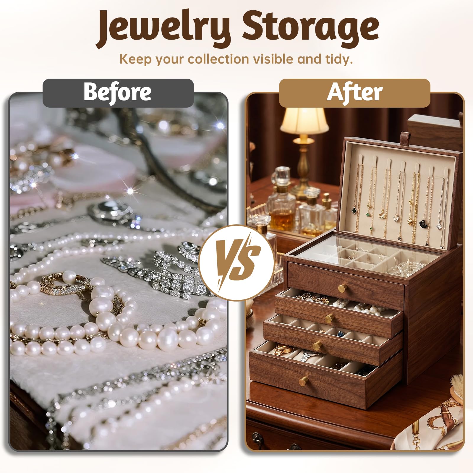 Joyero grande de madera para mujer, organizador de 4 capas de nogal negro con tapa de cristal, caja de almacenamiento clásica para anillos, collares, pendientes, relojes, regalos del día de
