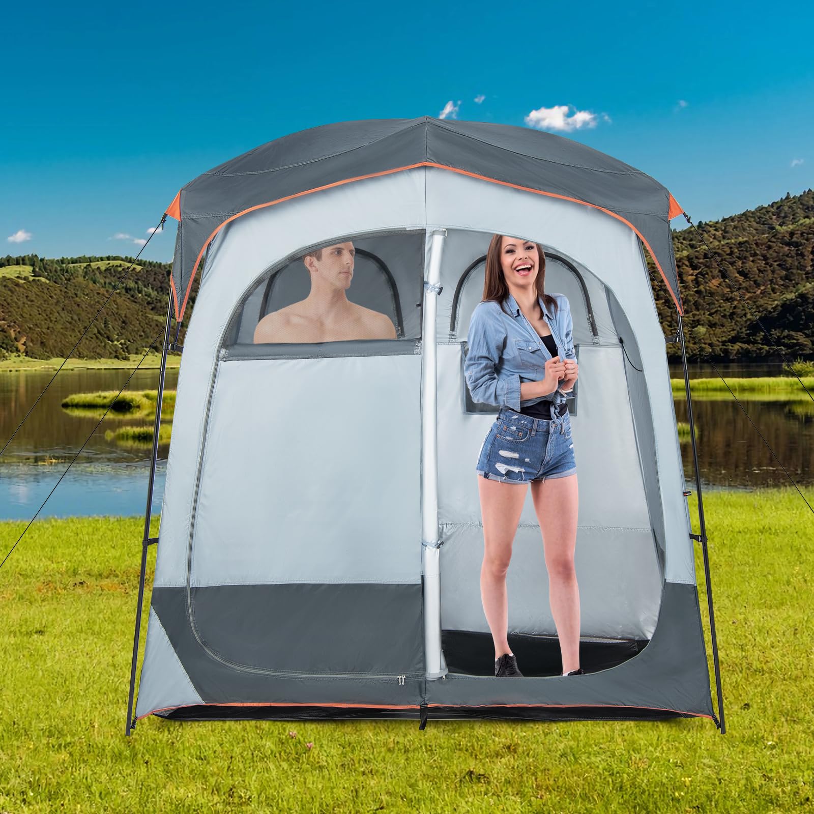 HOMASIS Tenda Doccia Campeggio Doppio, Tenda Bagno per WC con Finestra, Tasca Portaoggetti, Gancio e Borsa da Trasporto, Spogliatoio Portatile per Spiaggia, Escursionism, Pesca