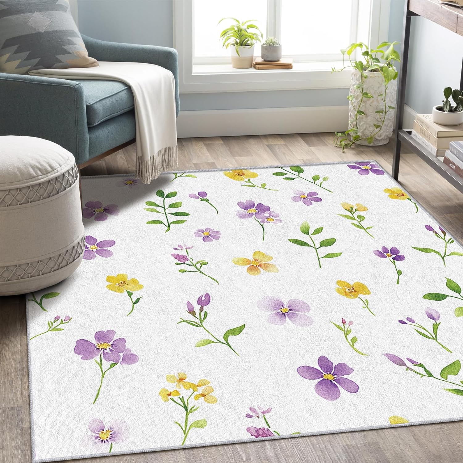 Spring Floral Throw Rug 2x3, Washable Summer Flower Rugs for Entryway Bedroom Kitchen, Green Leaf Area Rug for Home Decor, Non Slip Backing Indoor Floor Mat Carpet with Gripper - 2 x 3 ft