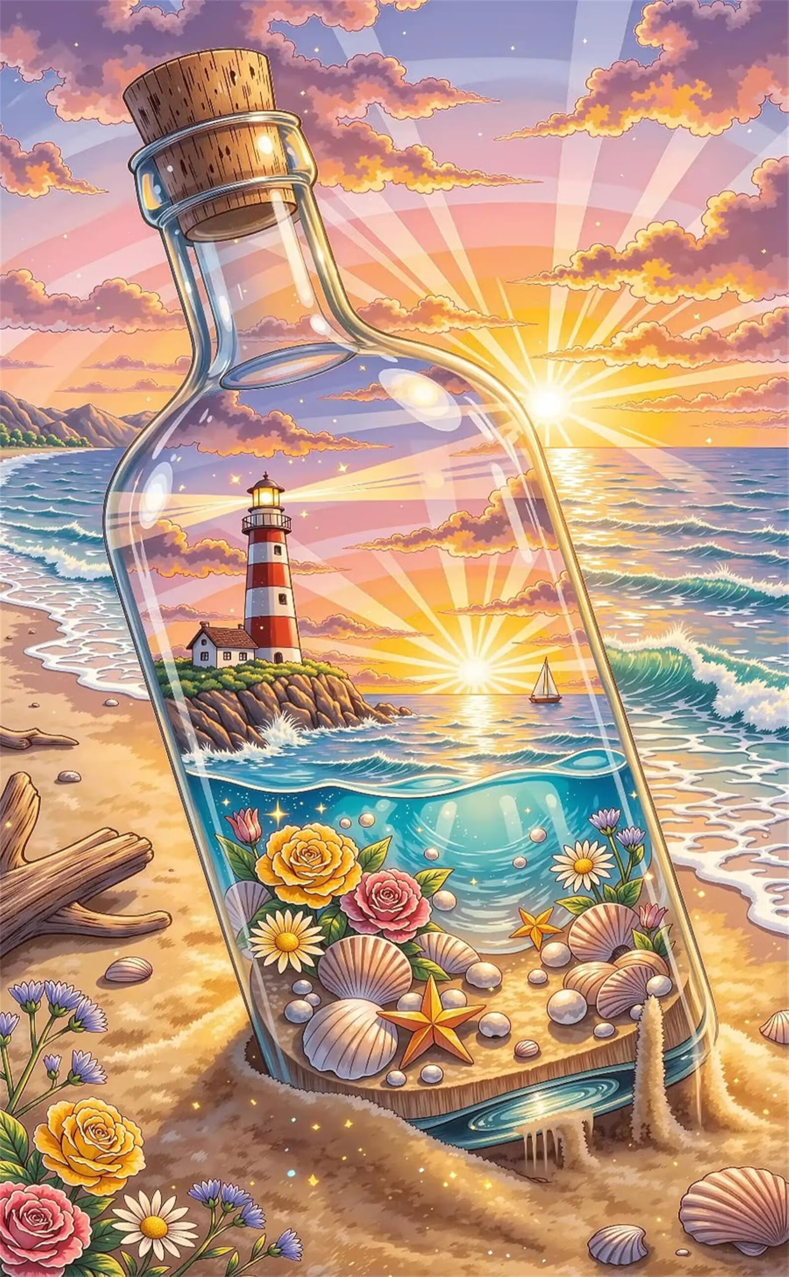 Umfarvt 5D Diamond Painting Faro, Diamond Painting Adulti Bottiglia da Spiaggia, 65x85cm DIY Round Diamond Painting Kit Completo, Ricamo Diamantini Crystal Art Pittura Diamante per Decorazione Murale