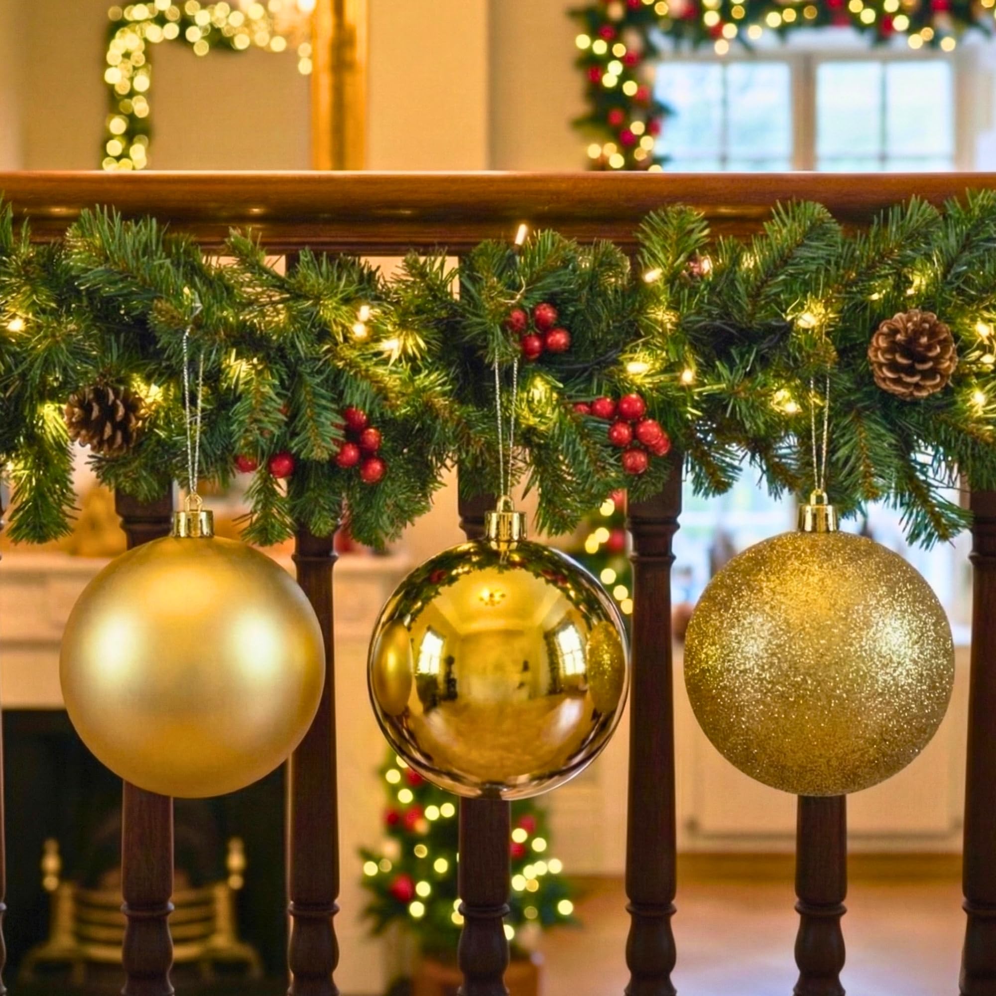Juego de 3 Bolas Grandes de Oro Profundo de PVC inastillables de 25 cm, Acabado Brillante, Mate, con Acabado Brillante, Adornos Surtidos para Colgar en el árbol de Navidad, Adornos Redondos para