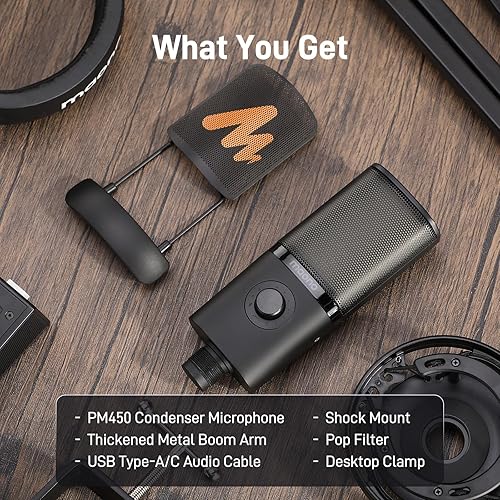 Miniatura 7 de MAONO Micrófono de condensador USB con soporte de choque, brazo de brazo, software, silencio, perilla de ganancia, control de volumen para