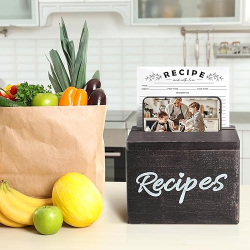 Miniatura 5 de Hoteam Caja de recetas de madera con tarjetas y soporte para tarjetas de recetas de madera rústica con 50 tarjetas de recetas de 5 x 7 pulgadas,