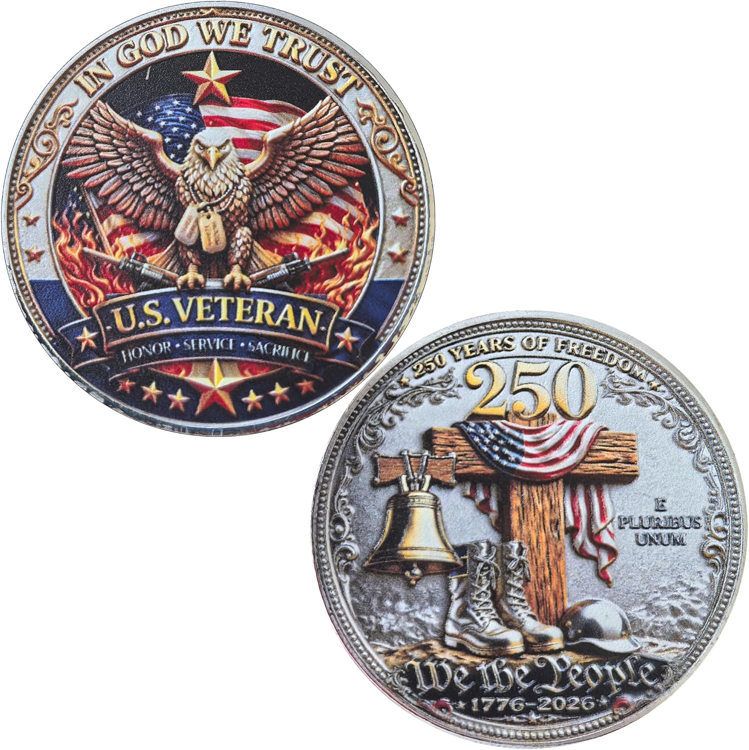 US Veteran Challenge Coin – Honor, Service, Sacrifice Design with Freedom Bell & Boots, 250 Years of Freedom Metal Token