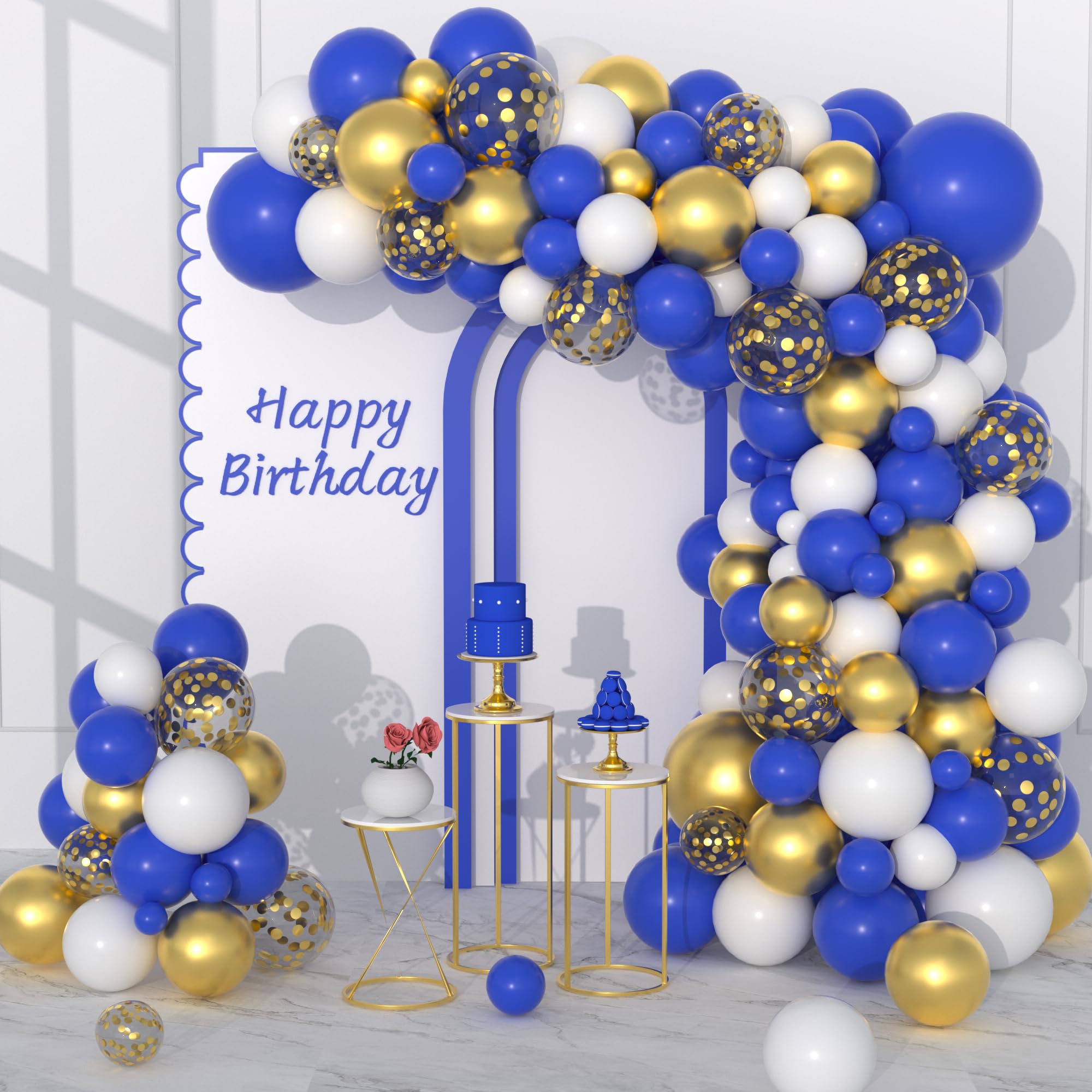 Royal Blue White Gold Balloon Arch Kit, 122PCS Dark Blue White Metallic Gold Confetti Balloons for Women Men Birthday Space Video Game Retirement