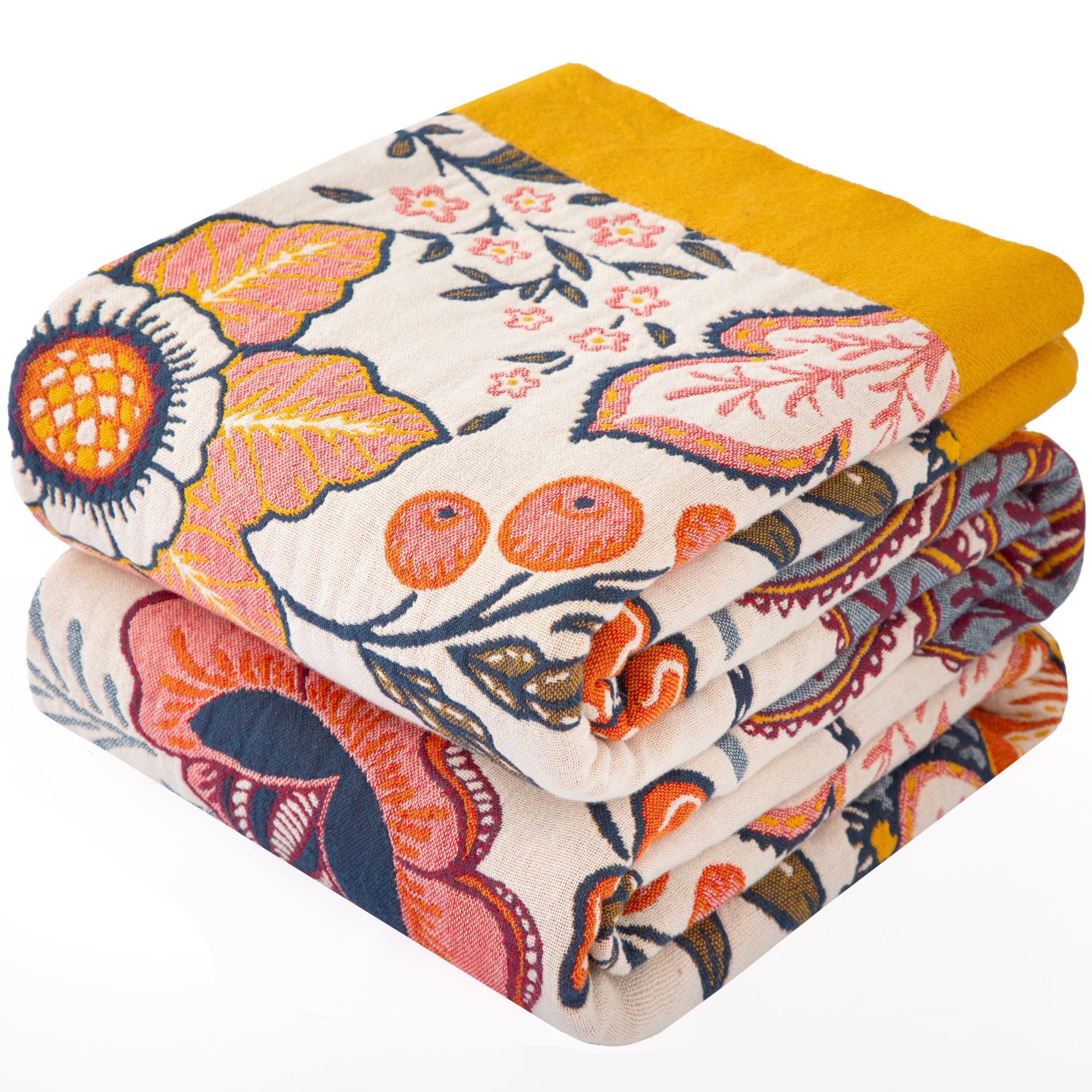 Dormilin Bohemian Throw Blanket for Sofa 150x200cm, 100% Organic Cotton Woven Picnic Blanket for Bed Couch 2-3 Seater, Soft Muslin Quilt with Floral Jacquard, Double-sided Bedspread Throws Blue/White