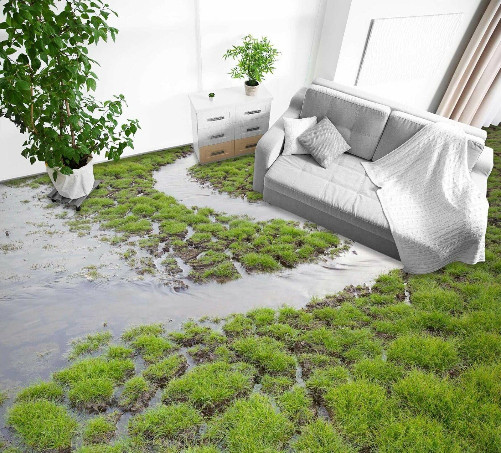 Cartel De Decoración De Piso Murales de papel pintado para suelo de río de hierba 3D, 250 * 175 cm 3D Murales Pegatinas Cuarto de baño Vinilo autoadhesivo Papel tapiz