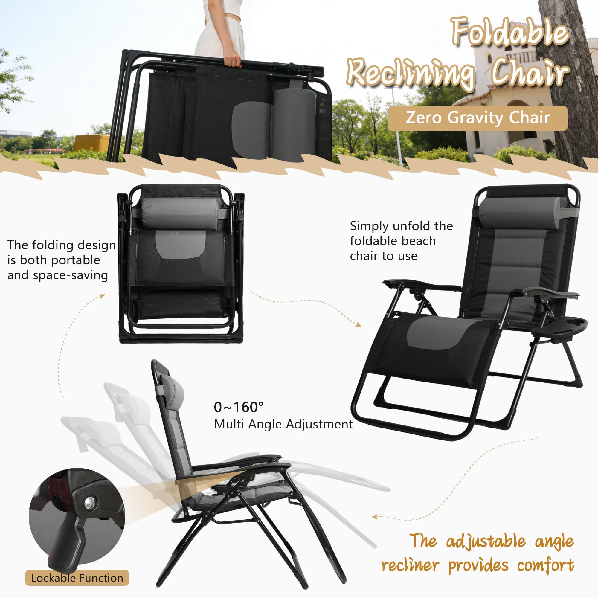 Sdraio da Giardino, Sedia Pieghevole Gravità Zero da Esterno con Portabicchieri e Poggiatesta Regolabile, Sdraio Lettino Prendisole, Poltrona Relax Reclinabile per Terrazzo Patio Balcone,grigio