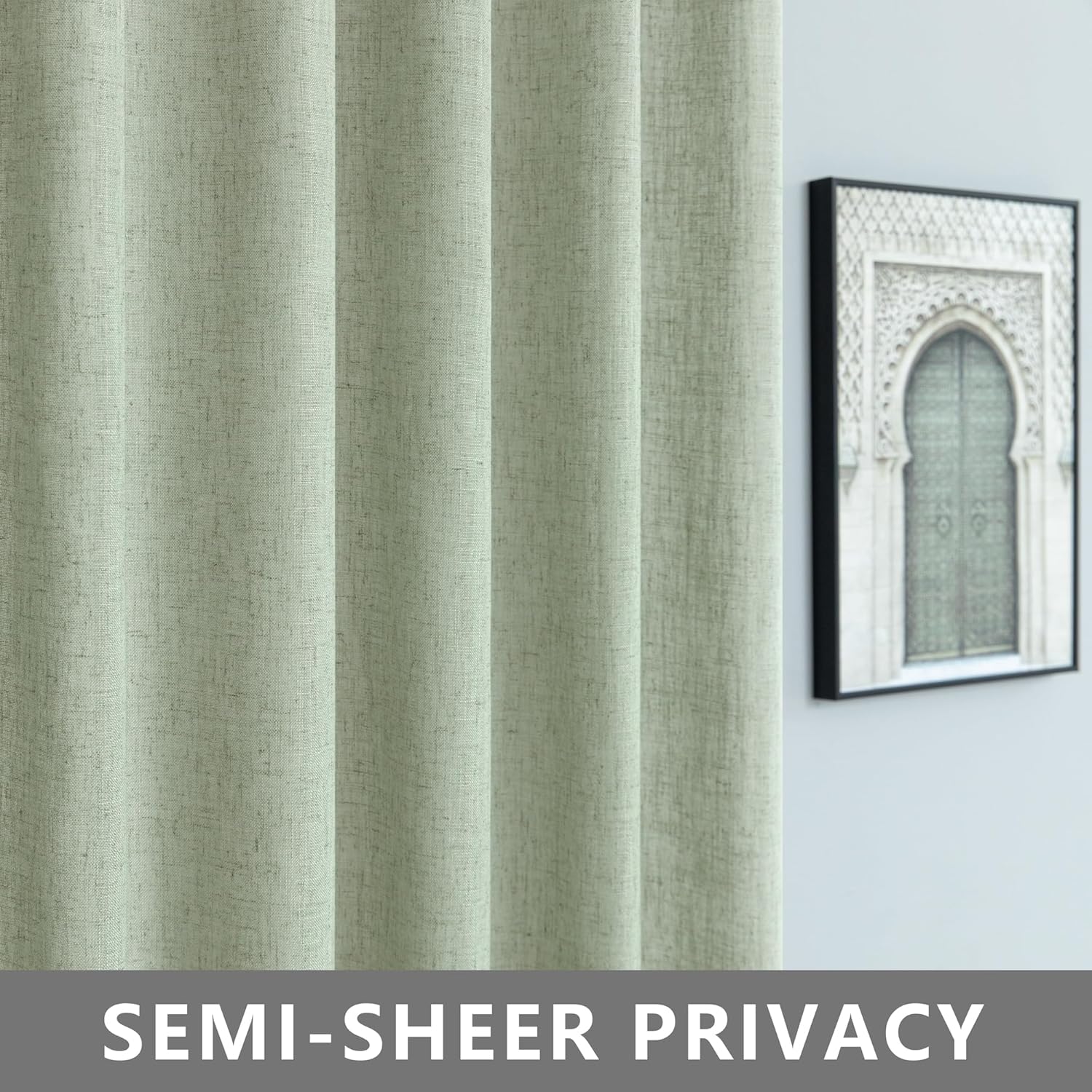 KOUFALL Sage Green Linen Sheer Curtains 84 Inches Long Boho Tab Top Farmhouse Cottagecore Cottage Core Curtains for Bedroom Living Room 84 Inch Long 2 Panels Set, Light Green