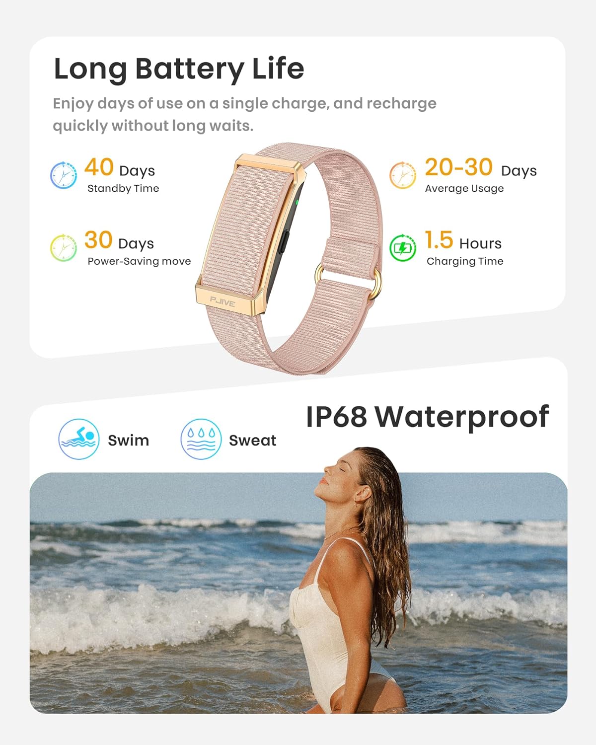 Smart Bracelet, Health Fitness & Activity Tracker with All-Day Continuous Heart Rate/Blood Pressure Monitor, Sleep Tracker, 170+ Sport Modes, 60 Day Battery & Free App, IP68 Smart Band for Android IOS - Image 6