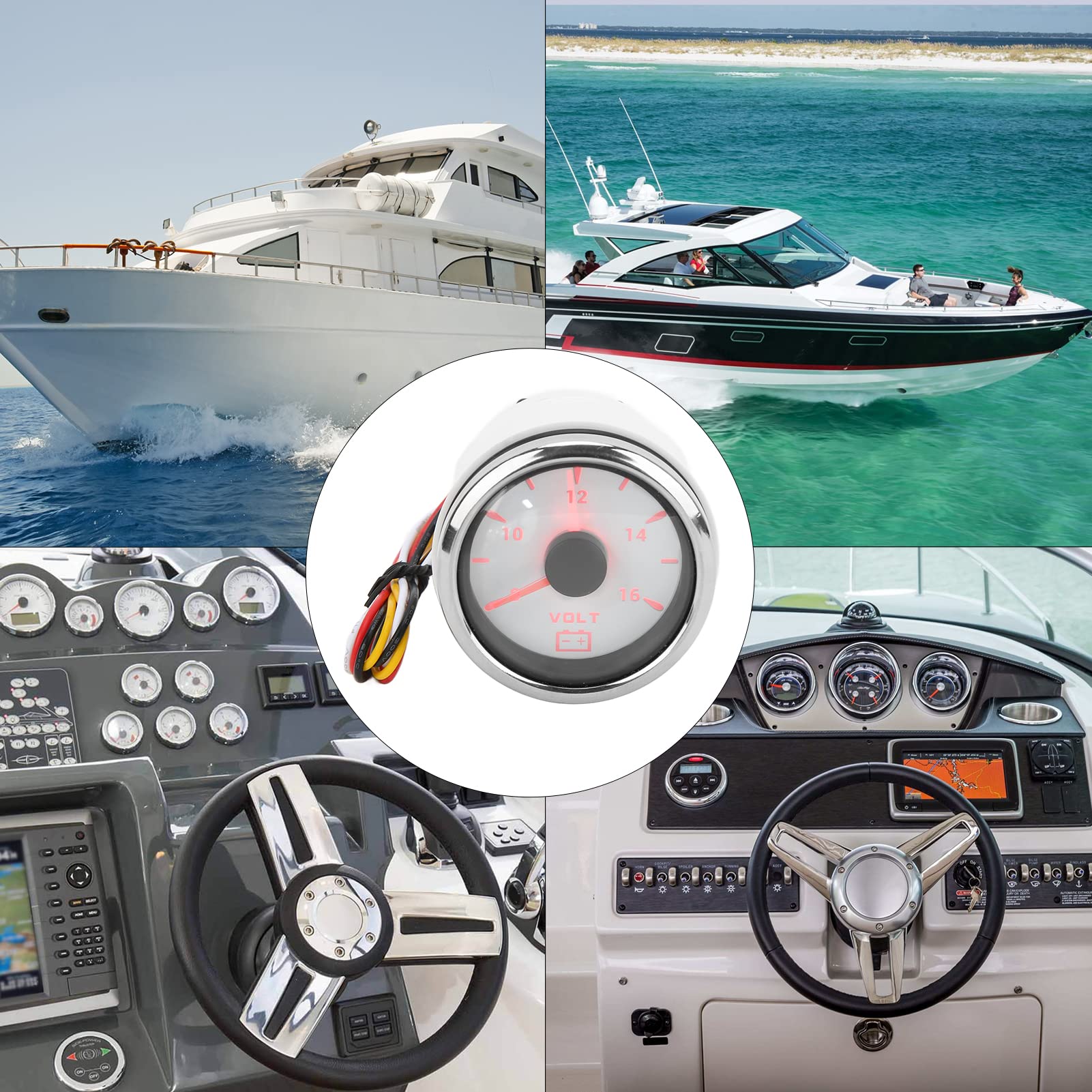 Voltmetro per Barca, Misuratore di Tensione Marino da 52 Mm 8‑16V Puntatore 7 Colori Retroilluminato Voltmetro Impermeabile IP67 per Barca RV Auto 9‑32V(bianco)