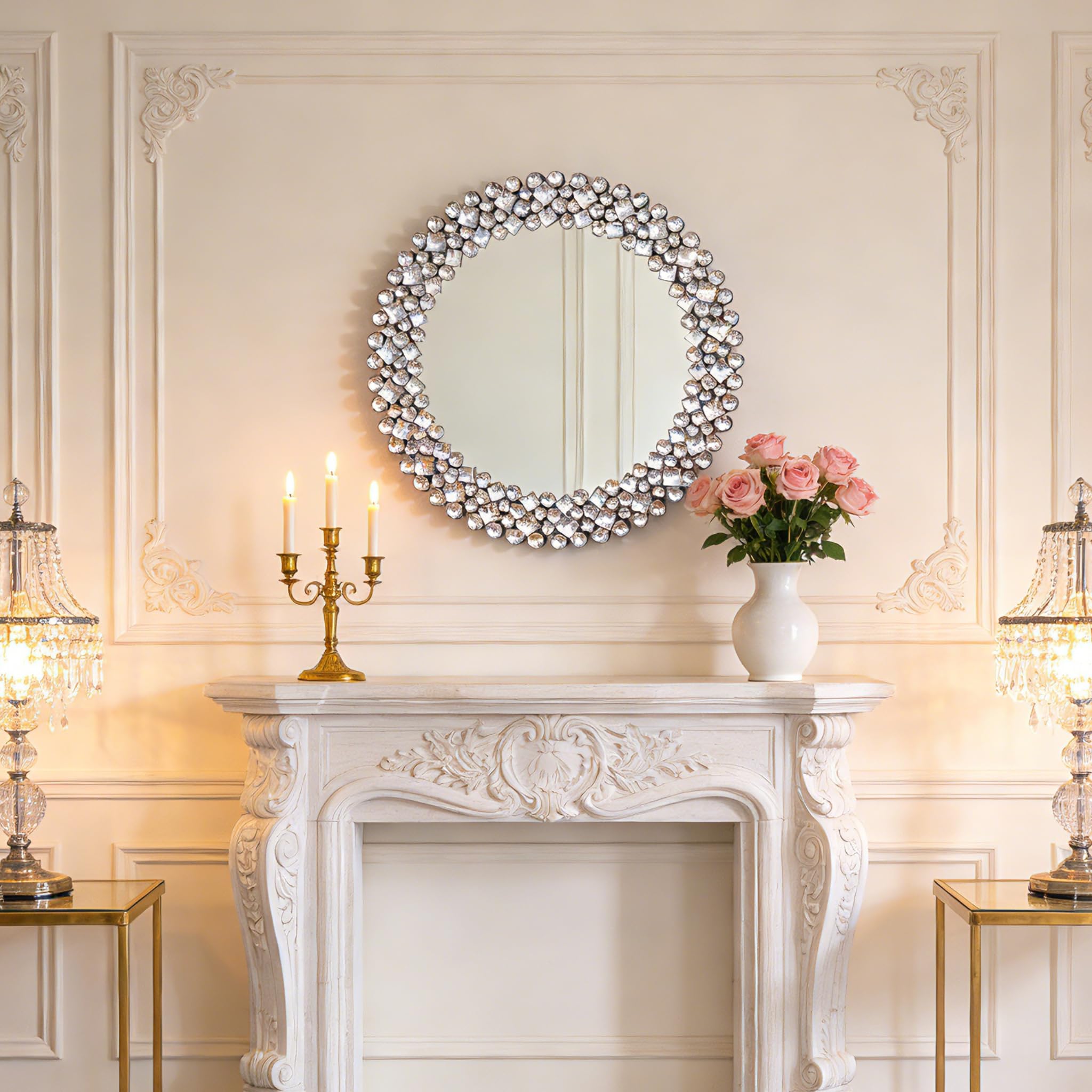 SHYFOY Espejo redondo de pared moderno con borde de joyas de cristal | Espejo redondo de lujo para baño, lavabo, salón, dormitorio, entrada | 60 x 60 cm