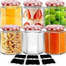 6pack Glass Jam Jars with Red Gingham Lid - 280ml/9oz - Hexagonal Storage Glass Jars, Clear Airtight Jar for Pickling, Chutney, Jam, Coffee