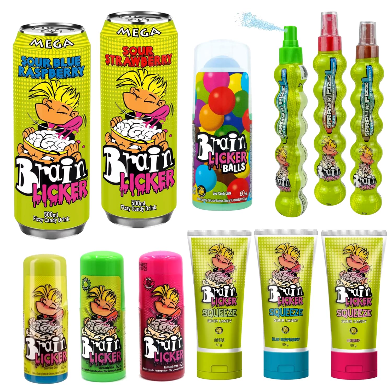 Brain Licker Candy Variety Pack Collection - Sour Apple, Black Cherry, Blue Raspberry, Strawberry, Colla, Grape - Spray, Fizz Tubes, Squeeze Tube, Balls - 12 Pieces