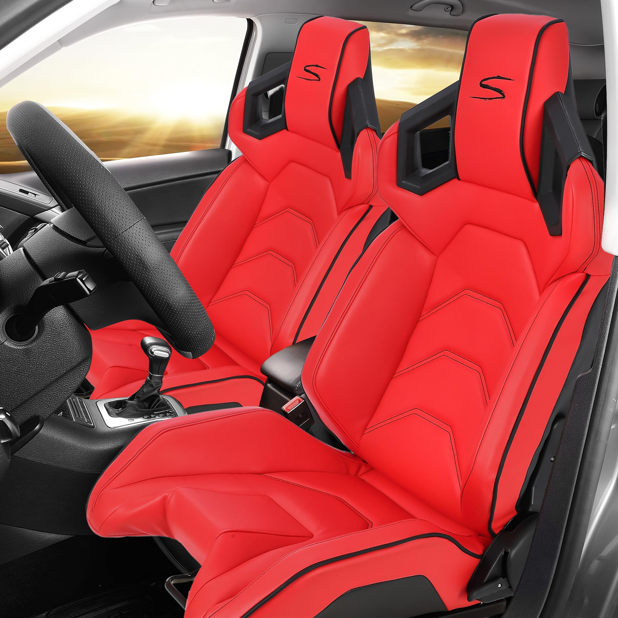 MAROUTE 2PCS Universal Racing Seats with Dual Lock Sliders, PU Leather, Racing Bucket Seats, 23.6"Ã—19.7"Ã—37.4", Red/Black,1 Pair Driver + Passenger Side