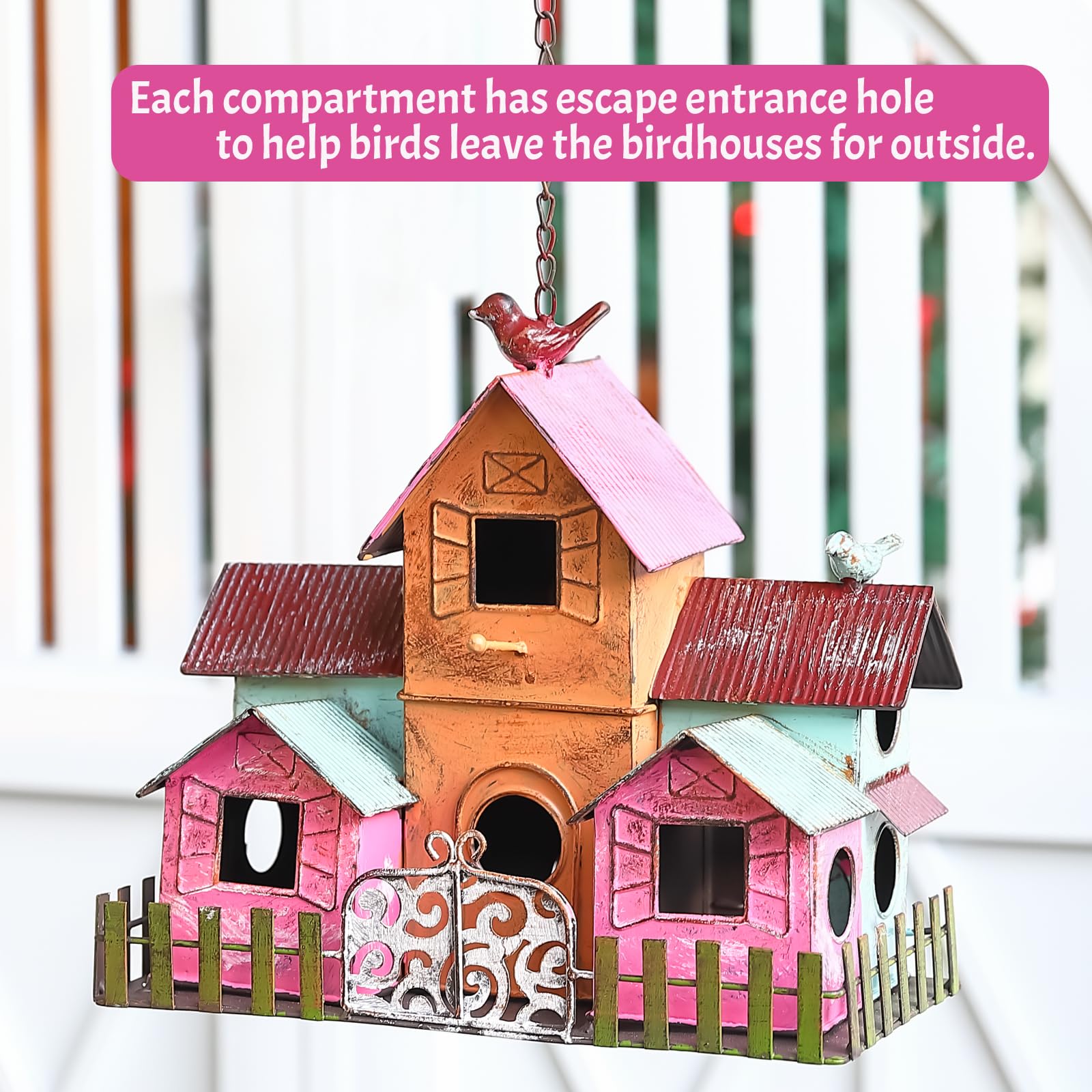 Casas grandes para pájaros para colgar en el exterior, casas de pájaros de metal para exteriores con 5 compartimentos para que los pájaros aniden, casa colorida duradera para pájaros de 10 agujeros