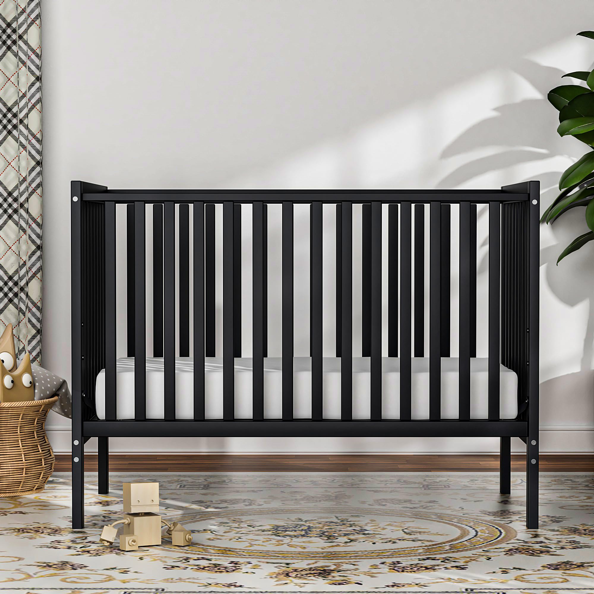 Saylike Baby Crib 5-in-1 Convertible, Wood Full Size Toddler Bed for Small Baby, Made of Sustainable Natural Pinewood Cribs, Non-Toxic Finish, Simplistic Nursery Furniture (Black)