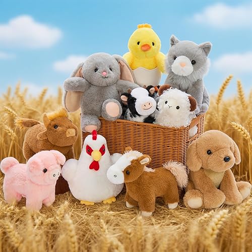 Miniatura 3 de MaoGoLan Paquete de 10 peluches de animales de granja a granel con caballo, vaca, perro, gato y más, juguetes educativos, decoración de fiesta,