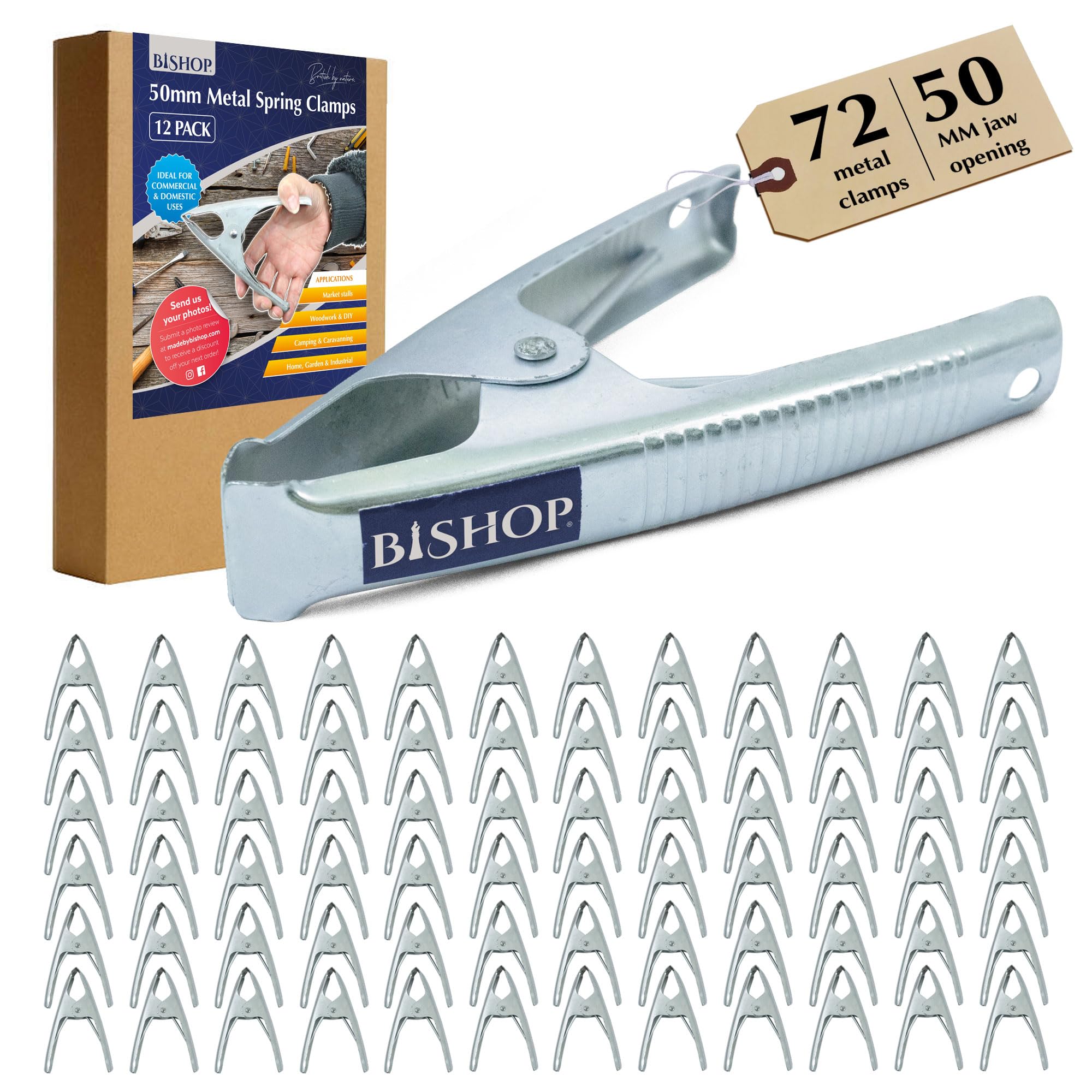 Bishop Silver Commercial Grade Metal Spring Clamps For Woodwork - Rust Proof Market Stall Tarp Clips Clamps 50Mm Jaw Capacity - Metal Clips All Steel Construction 160Mm Length - Triple Coil Spring Clips (Qty: 72)
