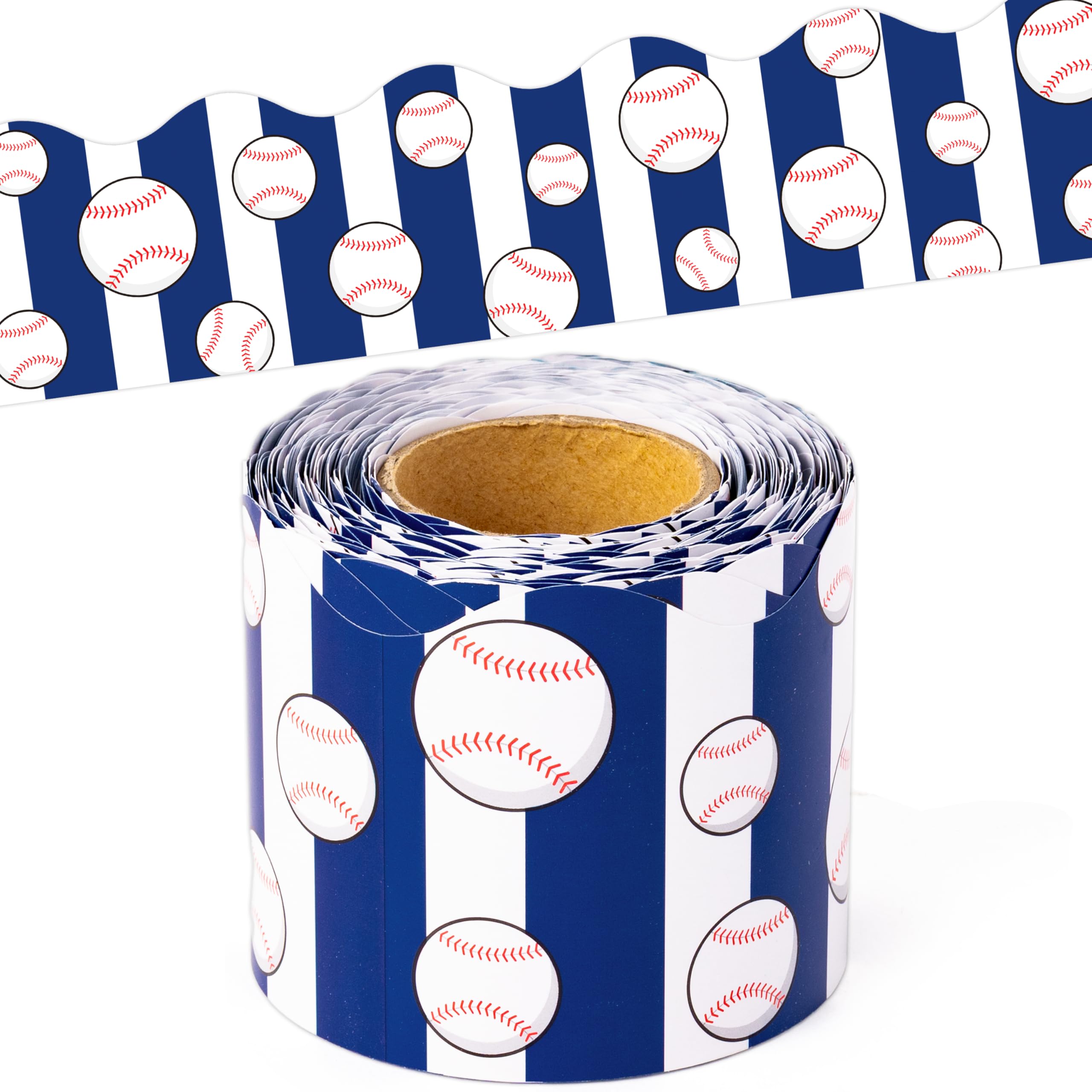 BeYumi Baseball Sport Border Trim - 65ft Back to School Baseball Sport Blue White Stripe Scalloped Rolled Border Trim Ball Sports Theme Bulletin Board Set Party School Classroom Chalkboard Wall Decor