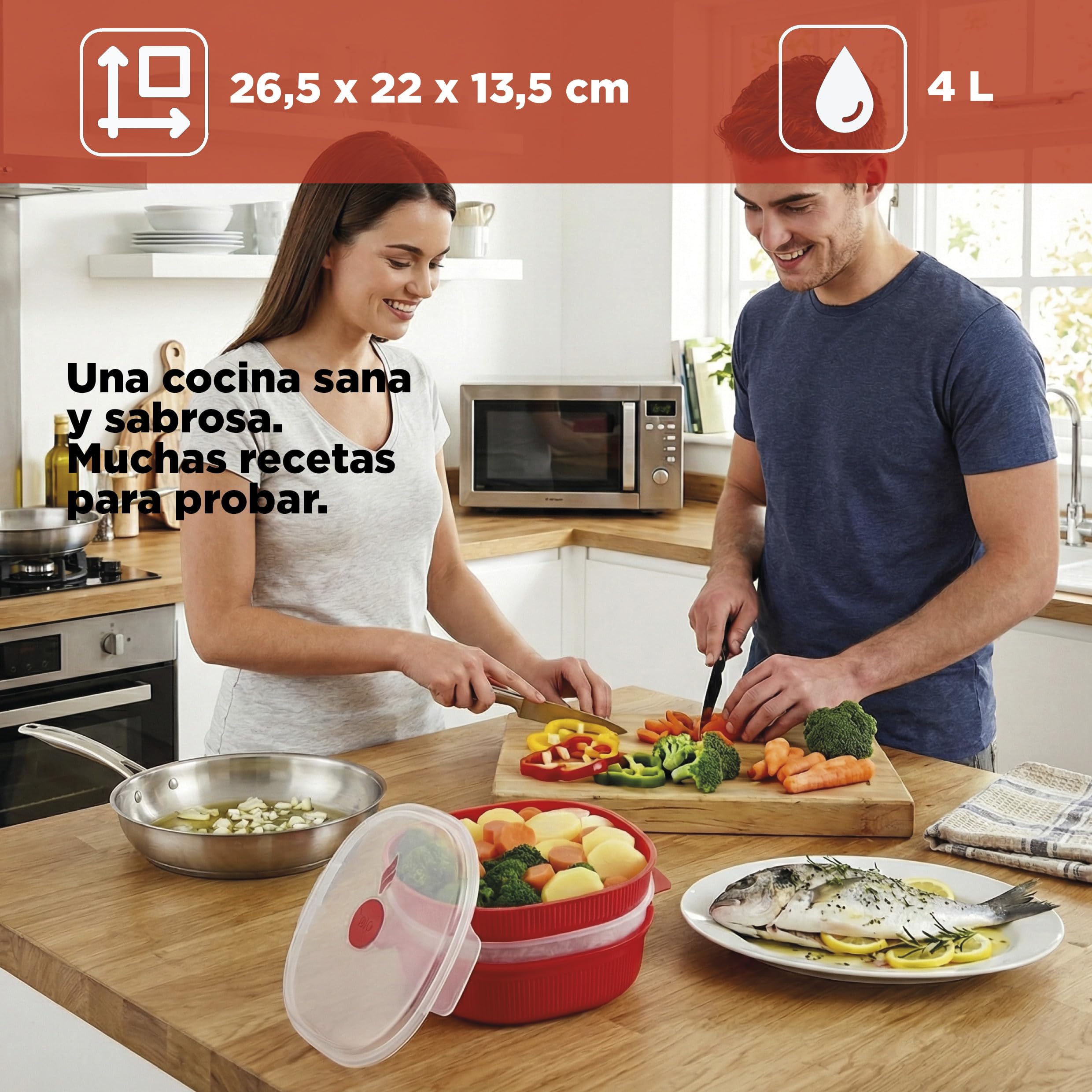 Snips - Vaporera Cocinar Vapor Microondas con Tapa, Roja 4L y 2 Cestas Extraíbles, Cocina al Vapor Rápida y Saludable, Recipiente Bote Microondas 26.5x22x13.5, Recipientes para Alimentos Made in Italy