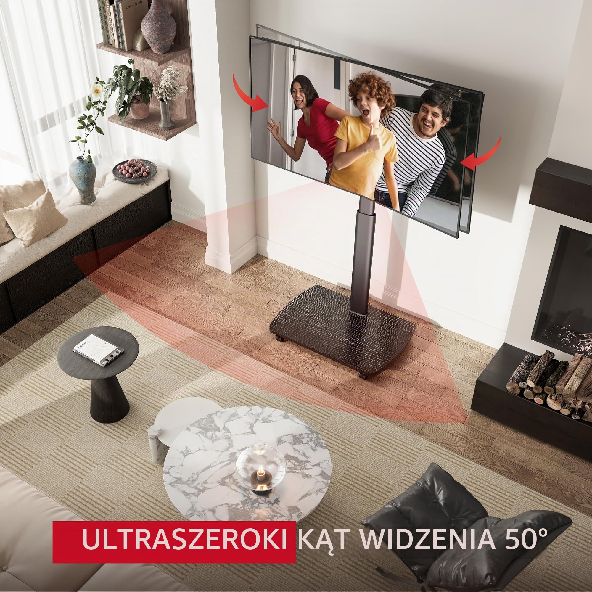 AOKCOS Stojak podłogowy pod telewizor na kółkach z drewnianym regałem, stojak pod telewizor z kółkami 43-75", płaski i zakrzywiony, do 50 kg, regulacja wysokości, wychylny stojak na telewizor, maks
