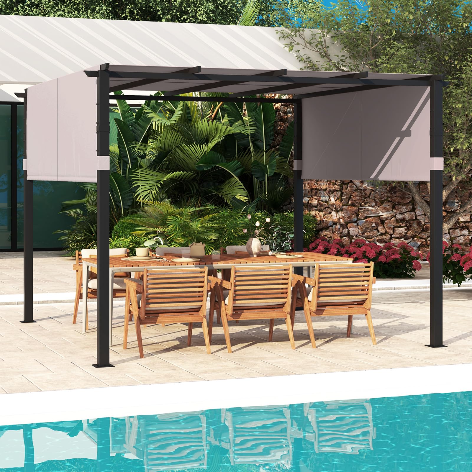 COSTWAY Pergola mit 2 verstellbaren Dächern, 3,05x3,05m Pavillon wasserdicht stabil Winterfest, Gartenpavillon mit robusten Metallsäulen für Terrasse, Garten, Deck (Grau)