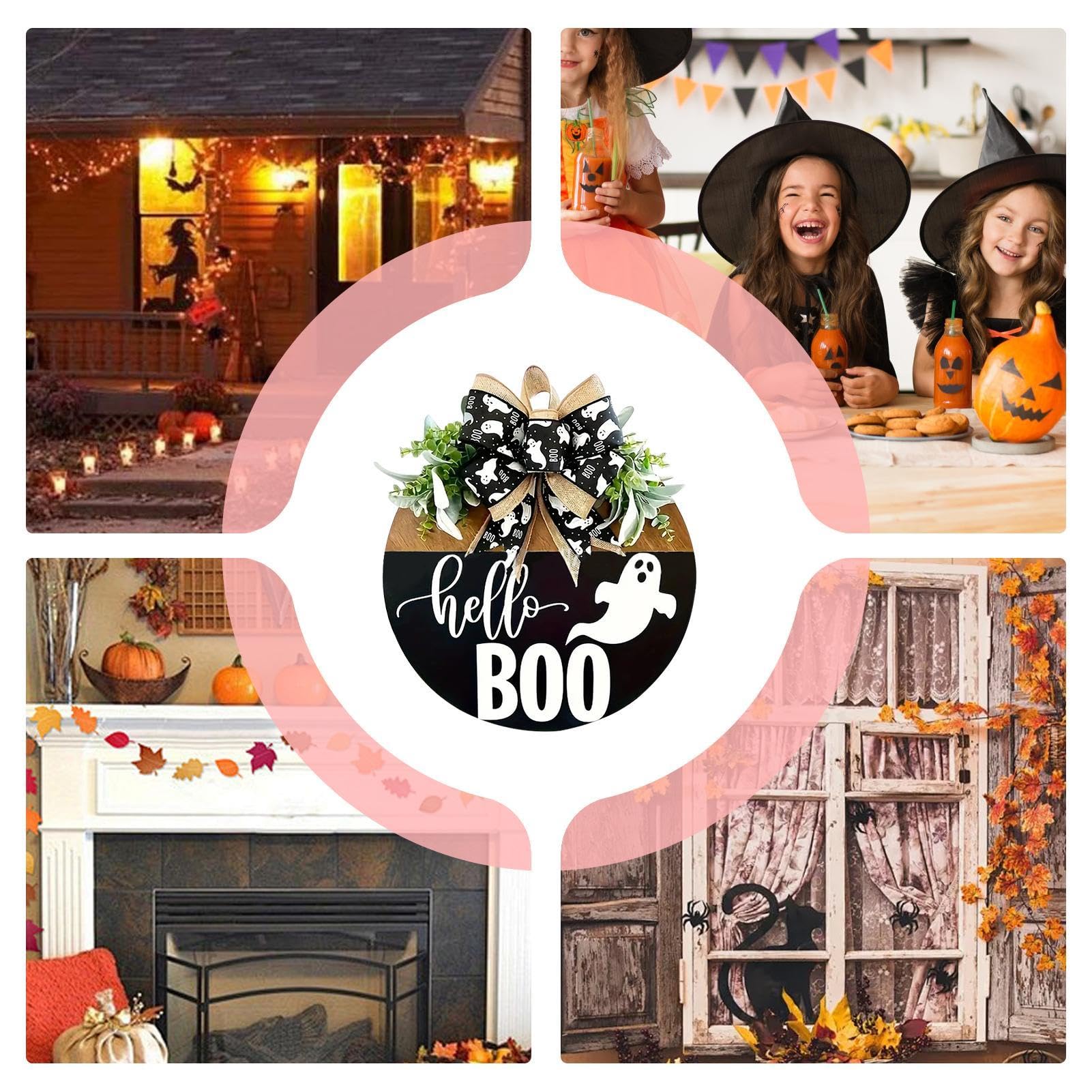 Horienteeon Decorazione per porta di benvenuto per Halloween, simpatico segno Hey Boo, cartello di benvenuto da appendere a scheletro di Halloween, cartello per porta in legno, decorazione da parete