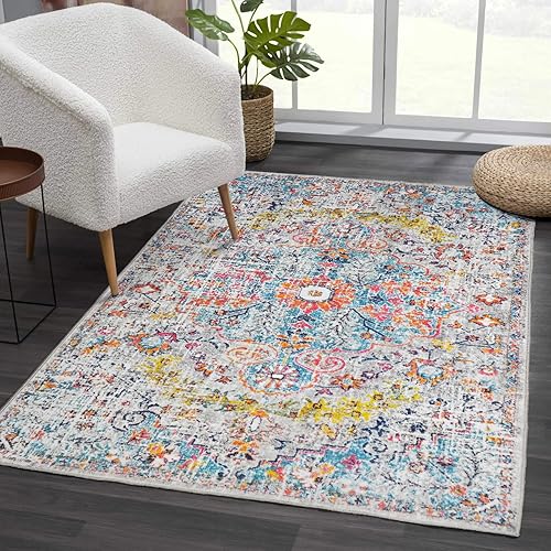 Alfombra lavable, ultra suave, vintage, bohemia, de 4 x 6, antideslizante, resistente a las manchas, para sala de estar, dormitorio, alfombra floral