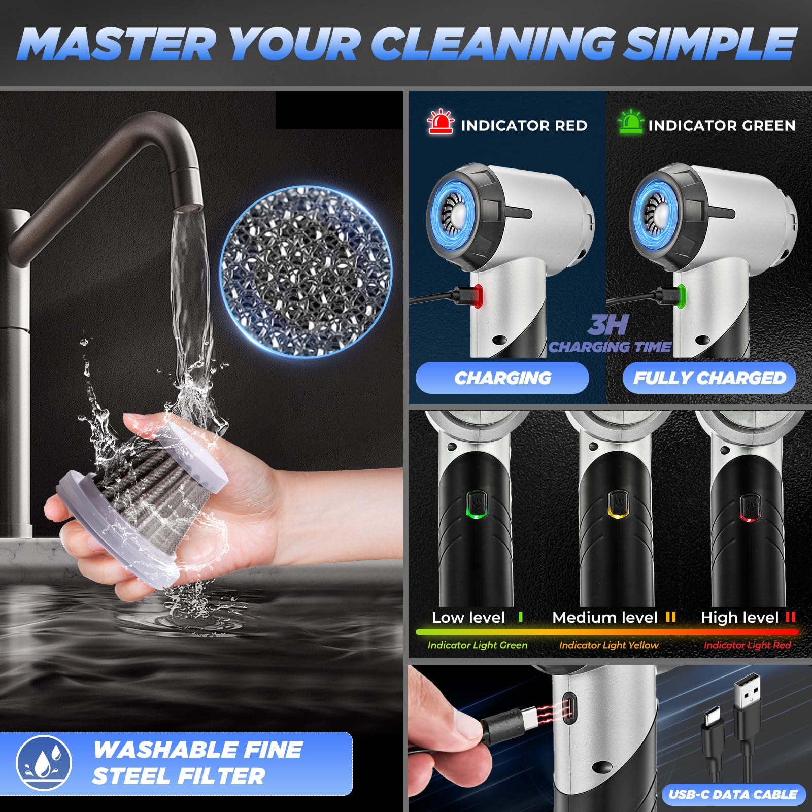 Saker Handheld Car Vacuum Portable Cordless17000PA Mini Vacuums Rechargeable Foldable Vacuum Cleaner with Brushless Motor for Home Office — view 4