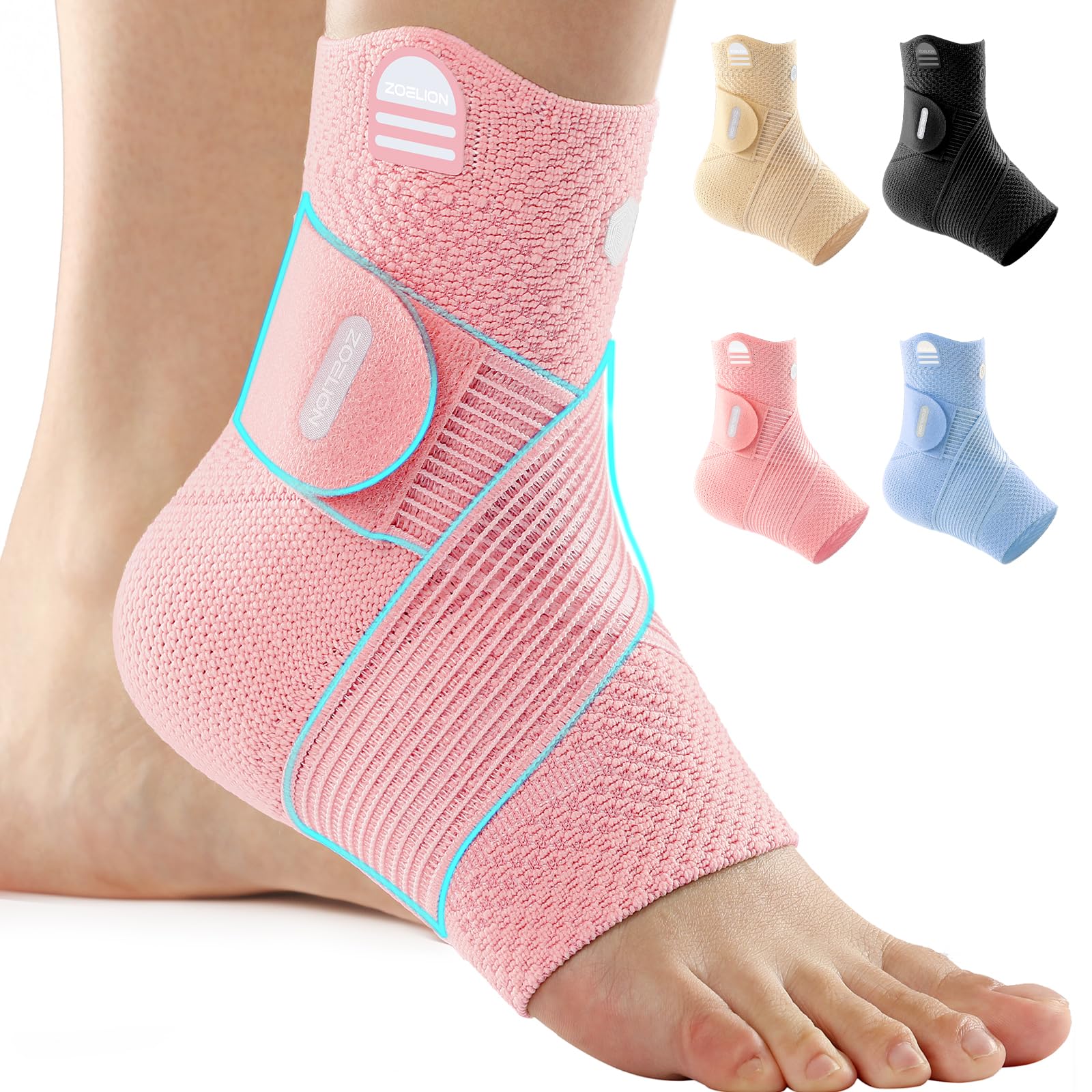 ZOELION Ankle Brace Compression Support with Removable Fishnet Strap, 3D Knit Plantar Fasciitis Relief Achilles Tendonitis Brace, Ankle Compression Sleeve for Pain Relief & Injury Healing, Pink/L