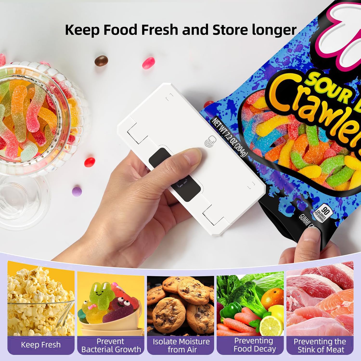 Mini scelleuse Thermique Portable Rechargeable avec Cutter, Bande chauffante de 9,7 cm et 5 Modes de scellage, idéale pour refermer Les sachets de Snacks, Chips et Plastiques. (White)