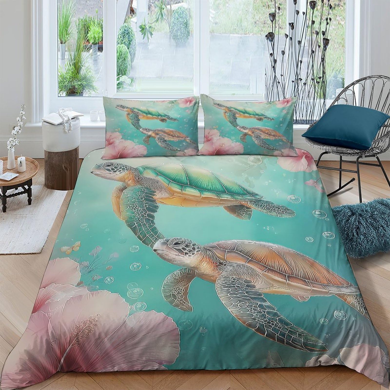 Ctjqhvkz Style-10 3D Printed Sea Turtle Fitted Sheet Microfiber Soft Blue Ocean Coral Mattress Cover For Bedroom Guest Room Decor Single（135X200cm）