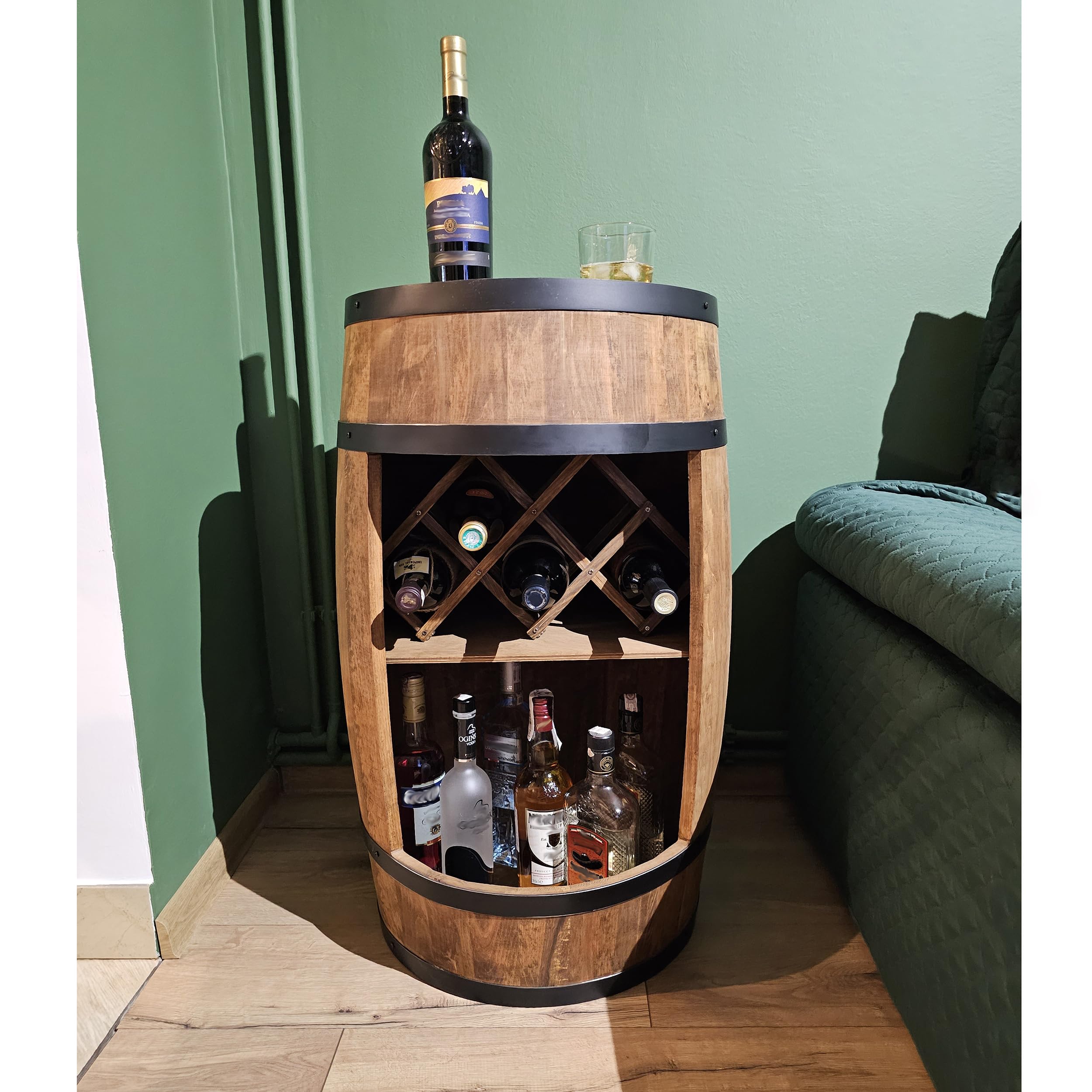 CREATIVE COOPER Fass bar LED RGB mit Weinhalter - Weinregal - Holzfass Hausbar 80x50cm - Rustikaler deko Barschrank Weinständer – Weinschrank (Wenge)